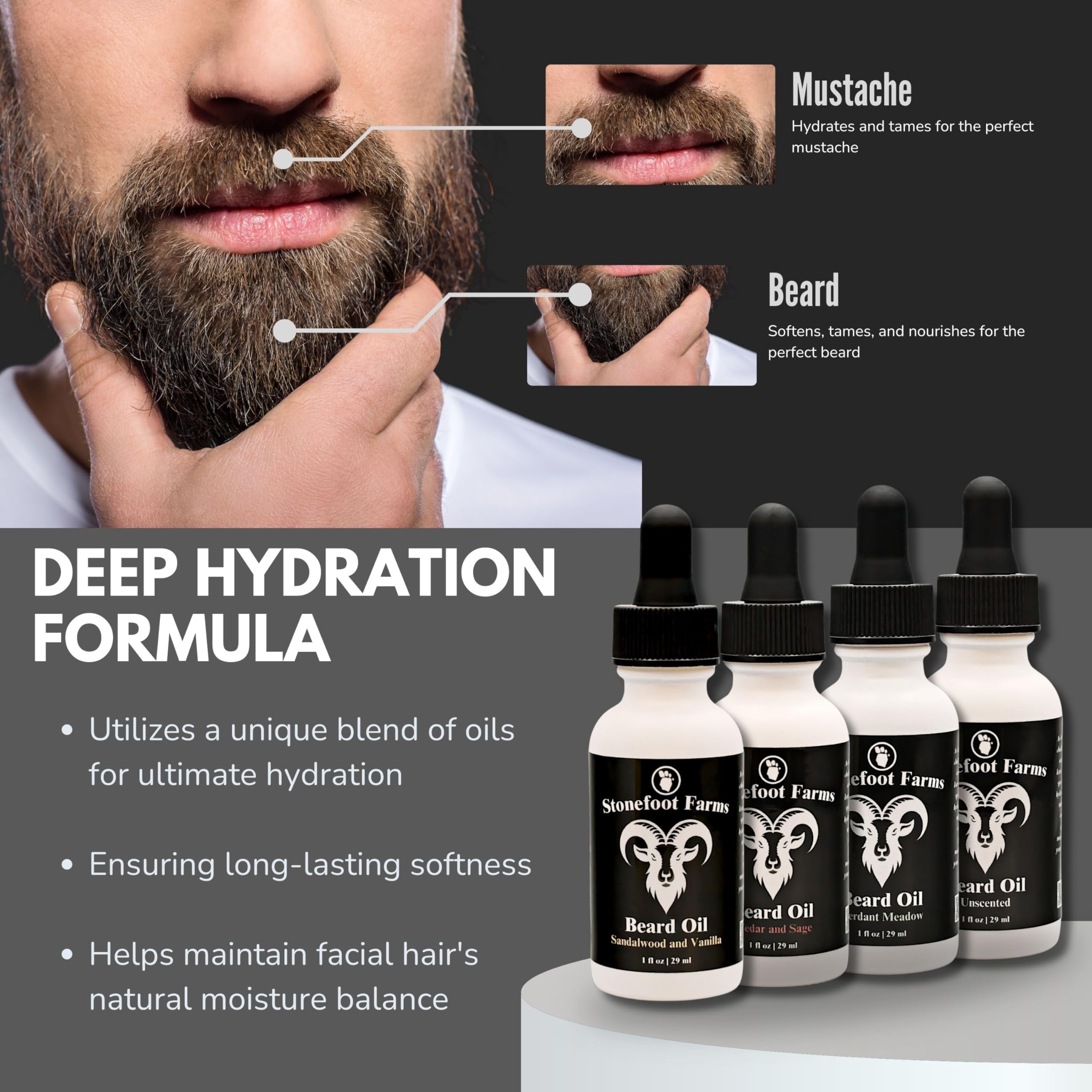 Stonefoot Farms Beard Oil - Sandalwood & Vanilla - Moisturizes, Softens & Conditions with Jojoba Oil & Argan Oil - Beard Conditioner for Men with Beards, Mustaches, Facial Hair - Reduces Itchiness, Promotes Growth