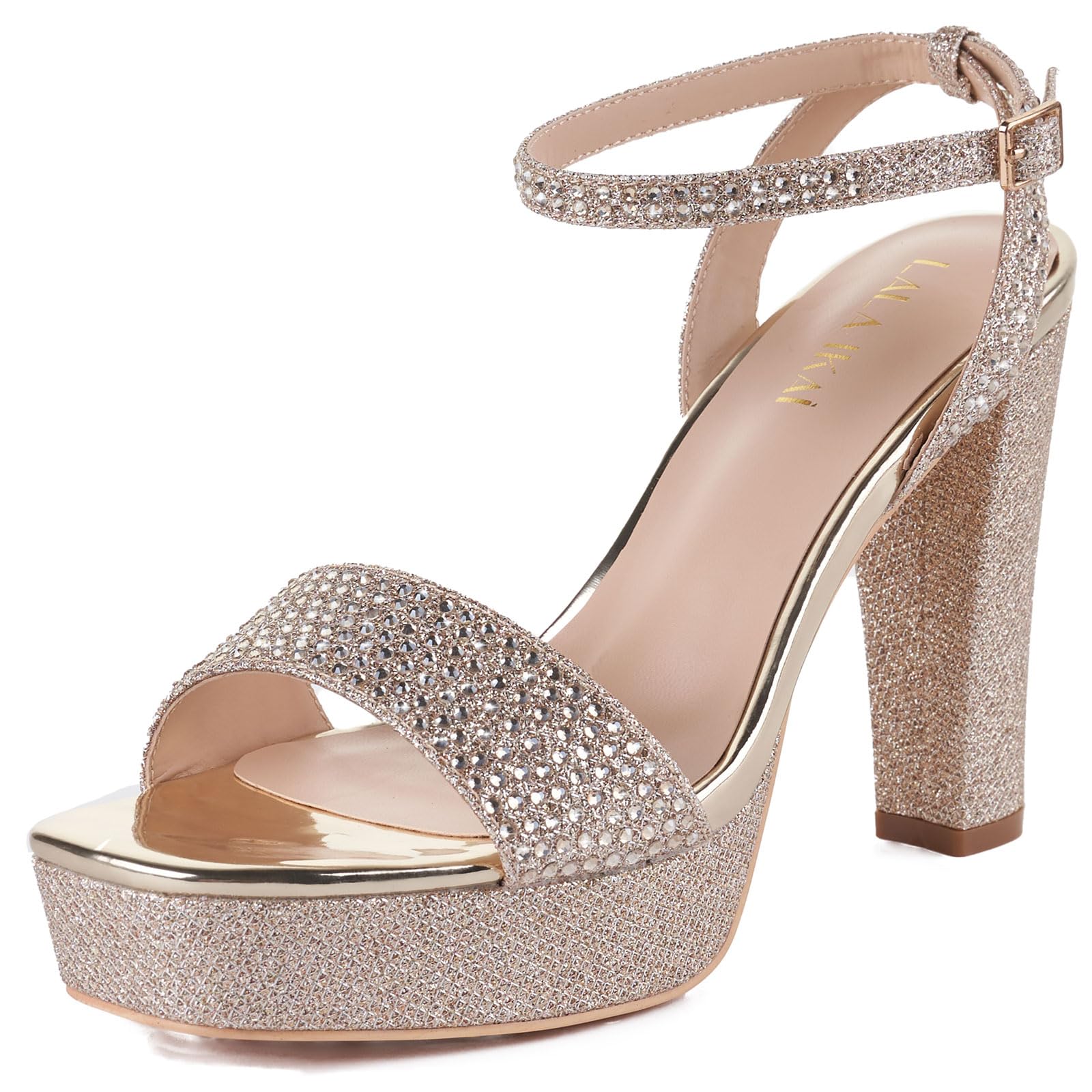 LALA IKAI Women's Platform Open Toe Ankle Strap Heels Gold Chunky Square Toe Sandals Sexy Pumps Y2K Dress Party Wedding Shoes