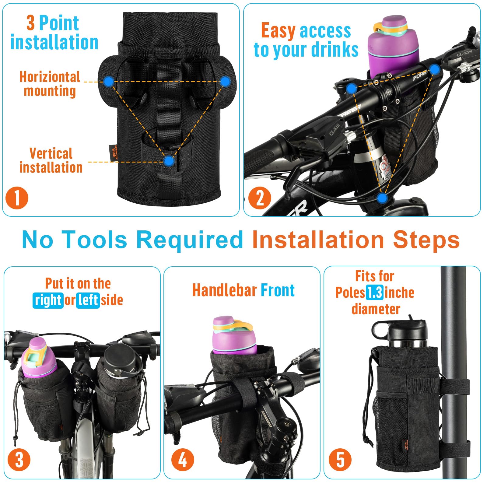 Desing Wish Ultra Thin Bike Water Bottle Holder for Handlebar 24-32 oz Bike Cup Holder with Removable Fastener Straps Bike Bottle Holder for Mountain Bike, Road Bike, eBike, Scooter