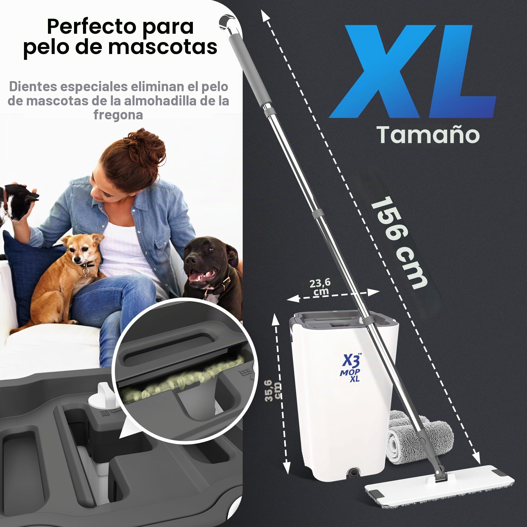 X3 Mopa XL, Separa el Agua Sucia y Limpia, diseño de 3 cámaras, Juego de fregona Plana y Cubo, Limpieza Manos Libres del Piso del hogar, 3 Almohadillas de Microfibra Reutilizables Incluidas
