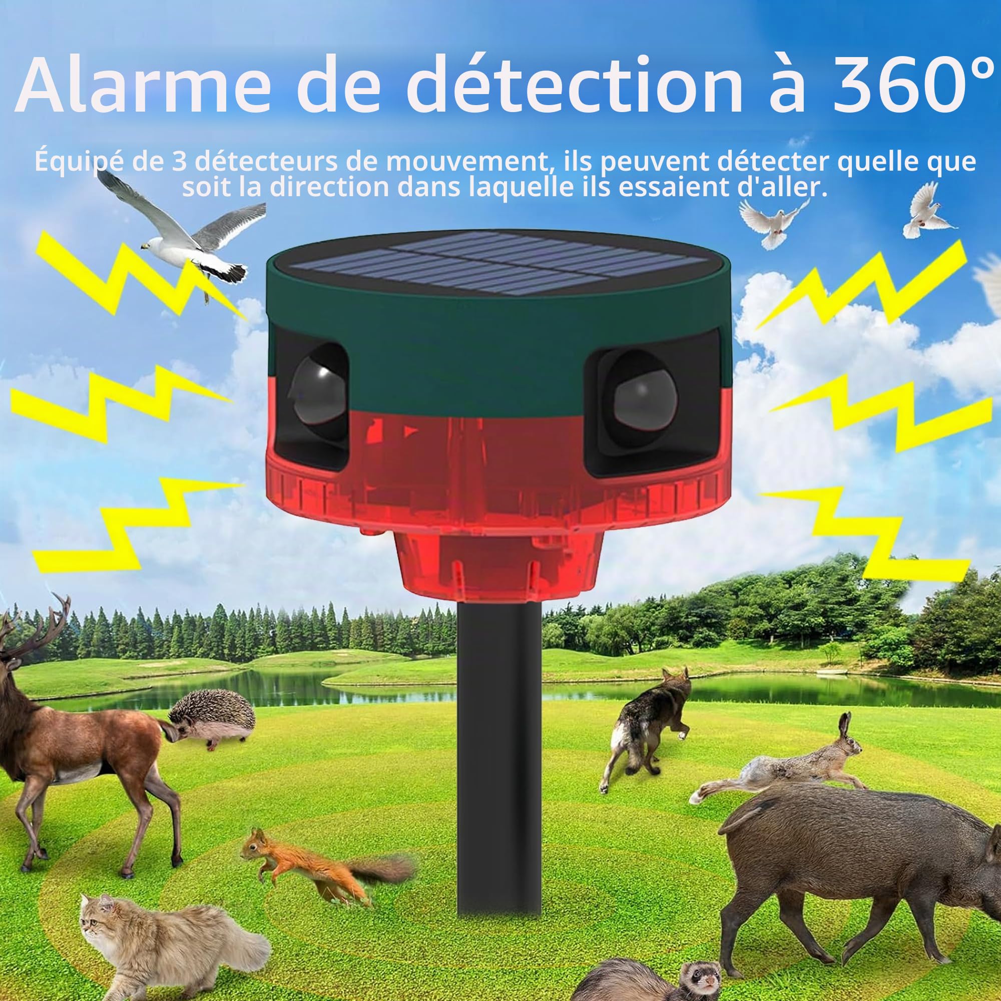 Alarme de détecteur de Mouvement Solaire extérieur - Alarme de détecteur de Mouvement 360 ° améliorée, sirène puissante de 129 DB, 13 Types de Son, Prise en Charge de l'enregistrement (1 Pack)