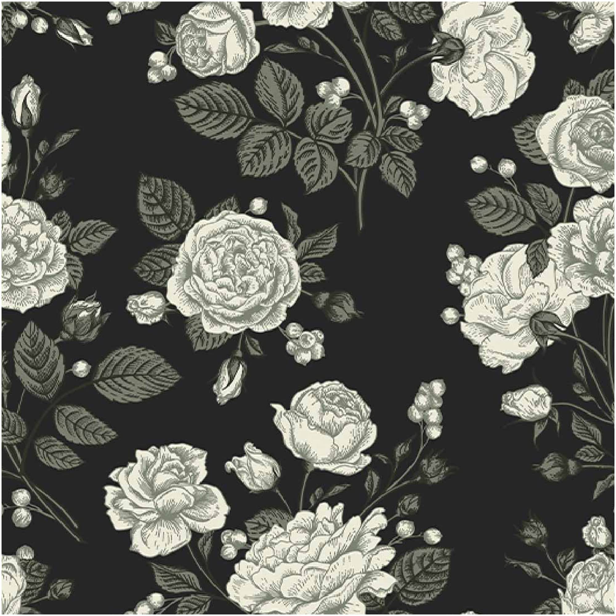 UniGoosGrey White Rose Flower Peel and Stick Wallpaper Retro Black Background Peony Removable Wall Paper Vintage Self Adhesive Contact Paper for Bedroom DIY Decor 17.7" x118.1"