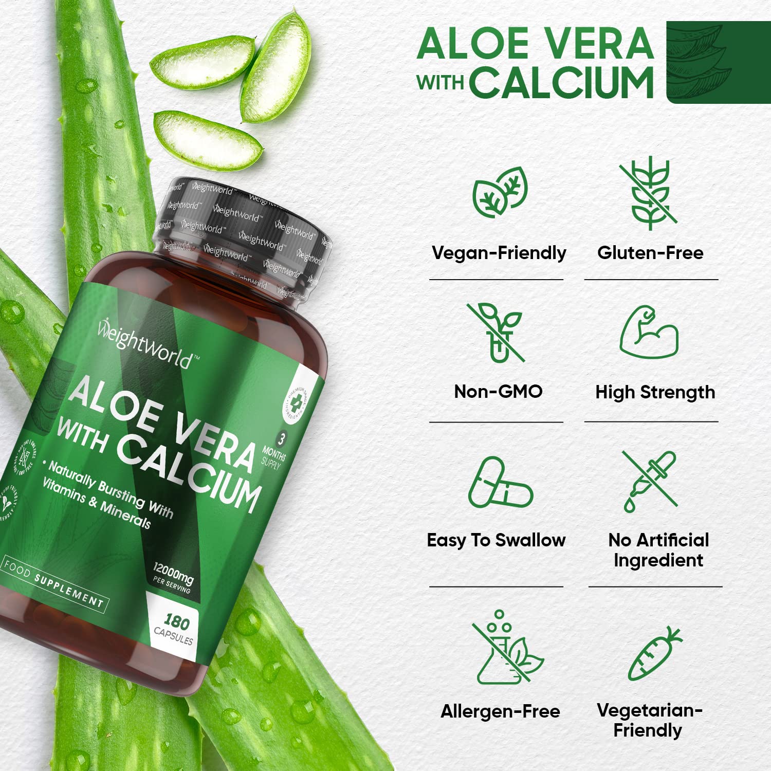 Buy Aloe Vera Capsules with Calcium 12000mg 180 Capsules (3 Month