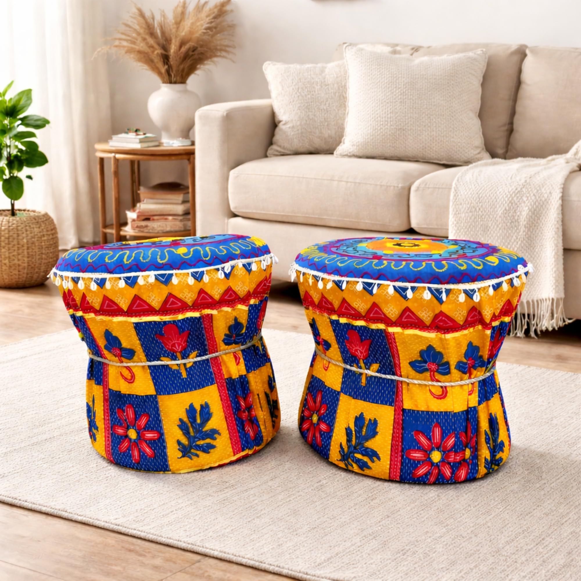 Handcrafted Muda Cover Mustard Yellow & Blue Colorful Pure Cotton Pouffs with Floral Embroidery Decorative Ottoman for Living Room & Balcony Seating Set of 2 Pieces Cover ONLY-image-19