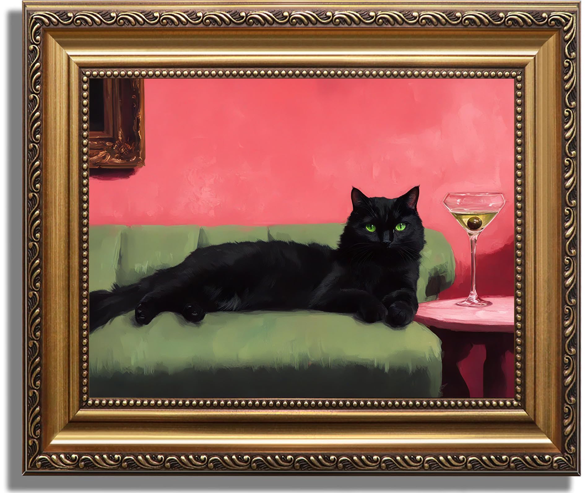 ASTRDECOR Framed Canvas Wall Art, Black Cat Lounging on Sofa Painting, Funny cat with Martini Art Print, Cocktail Art Bar Cart Decor, Abstract Animal Posters Prints Wall Decor for Living Room Bathroom — image 1
