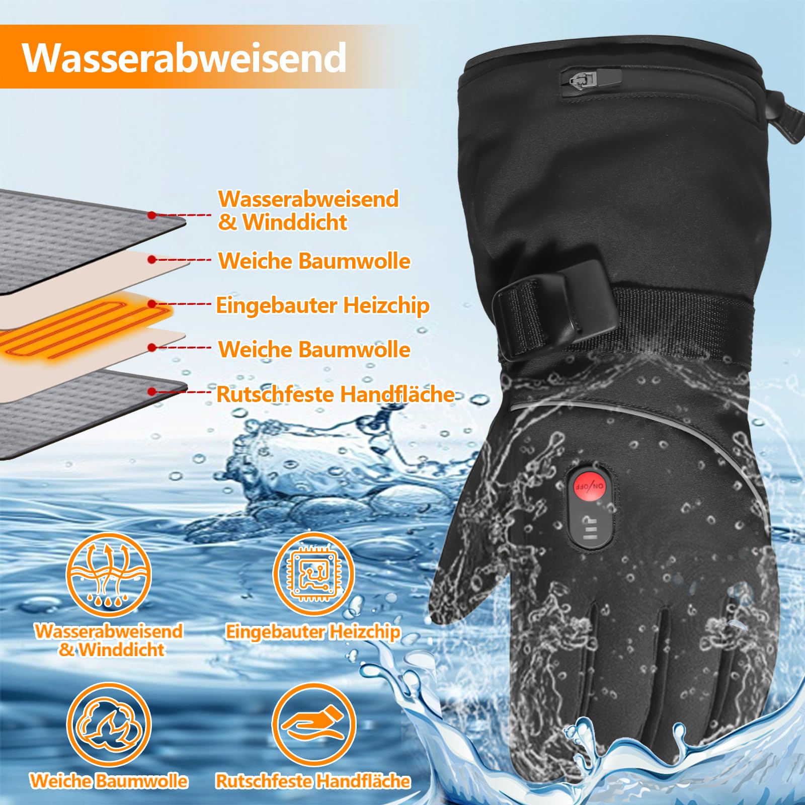 Beheizbare Handschuhe, 5000mAh Akku USB Wiederaufladbare Heizhandschuhe für Damen und Herren, 3 Heizstufen, wasserdichte Motorradhandschuhe zum Skifahren, Radfahren und Wandern
