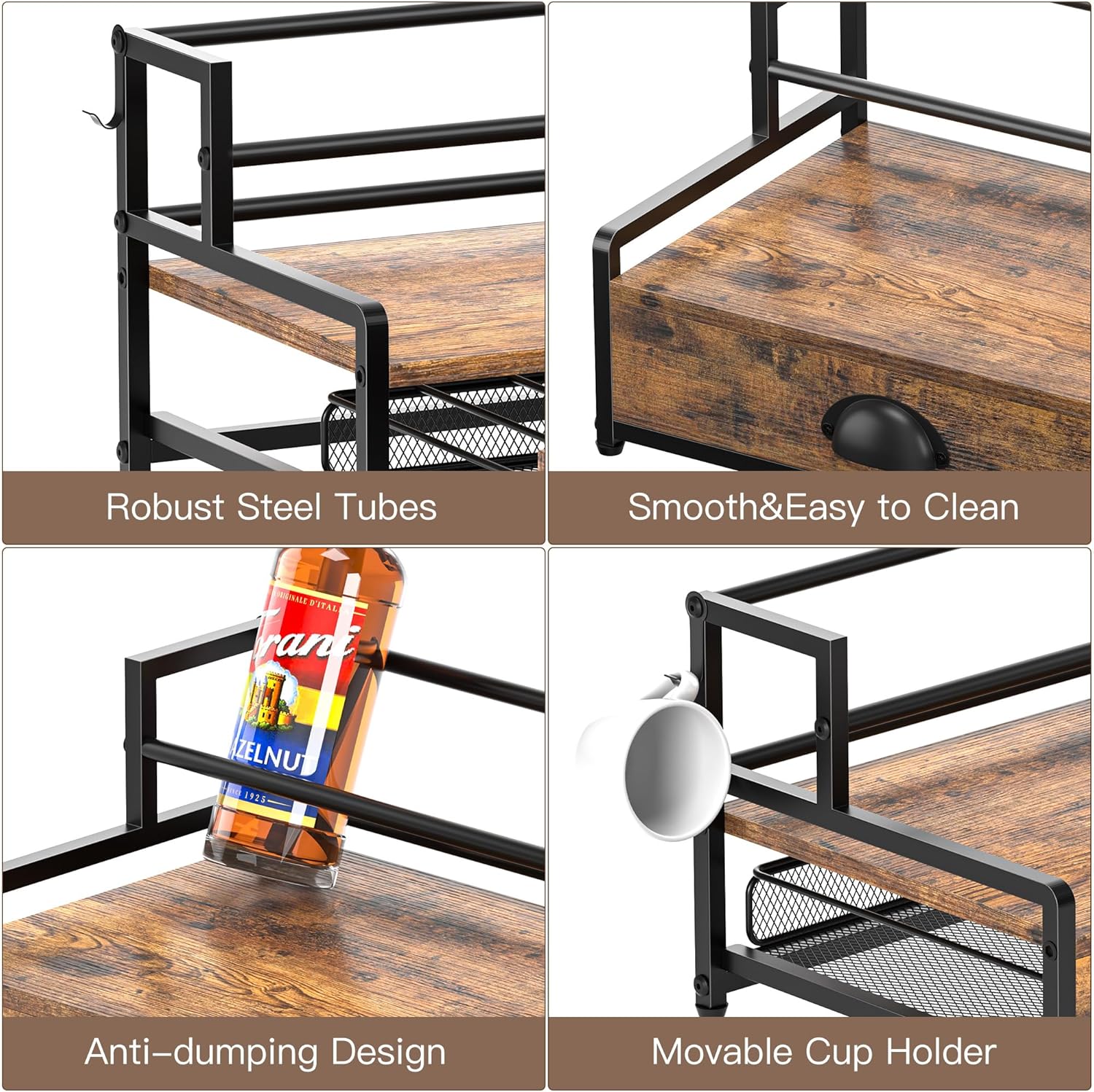 Coffee Syrup Rack Organizer, Coffee Pod Holder for Countertop, 8 Syrup Bottles Stand with Storage Drawer for 35 K Cups, Coffee Pod Drawer for Coffee Station, Home, Kitchen, Office, Dorm, Rustic Brown