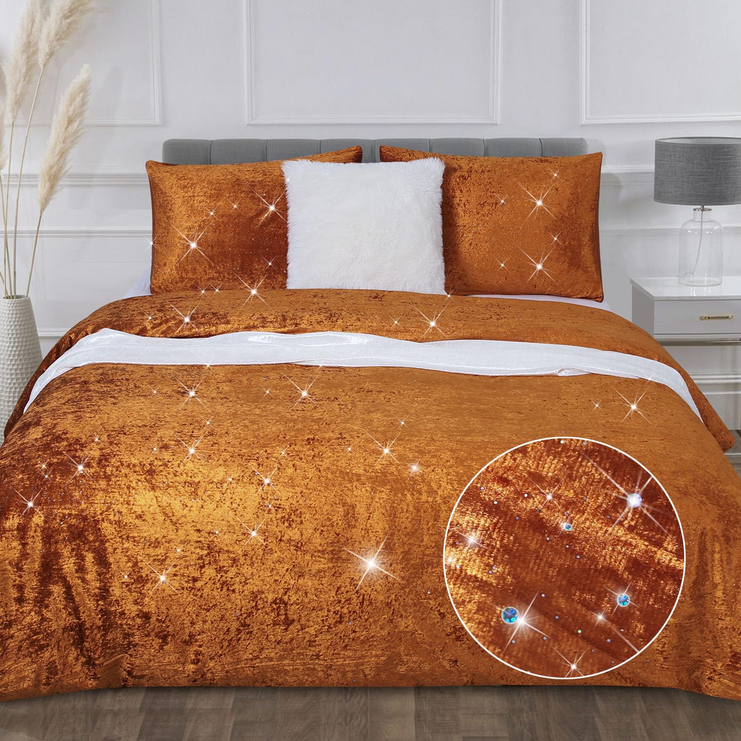 YINFUNG Velvet Duvet Cover Burnt Orange Terracotta Boho Gold Rust Queen Luxury Sparkle Glitter Moroccan Crushed Velvet Bedding Set Pumpkin Textured Thick Warm Winter Quilt Cover Textured 90×90