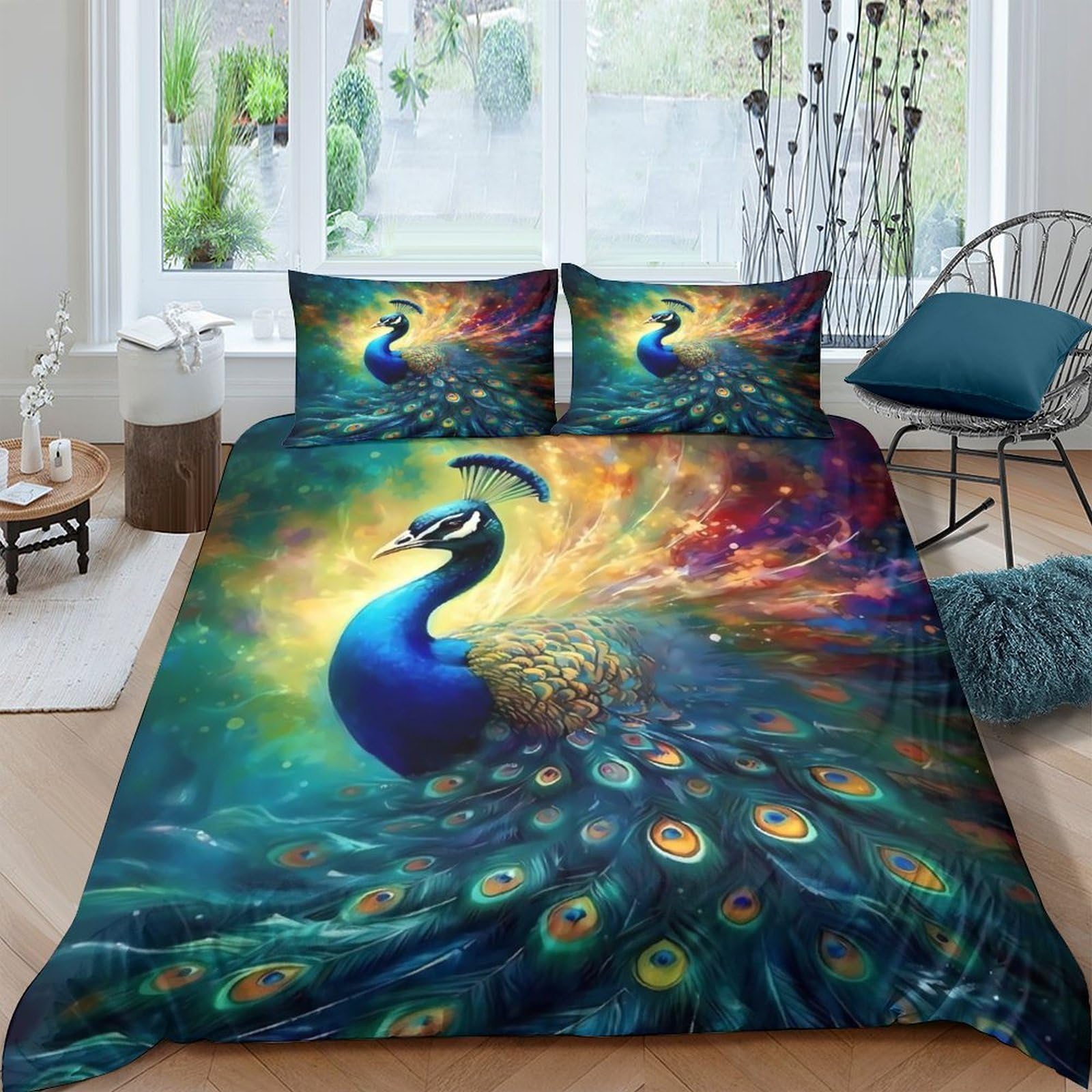 Ctjqhvkz Style-7 3D Printed Peacock Art Fitted Sheet Microfiber Soft Blue Feather Mattress Cover For Bedroom Guest Room Decor Easy Care Single（135X200cm）