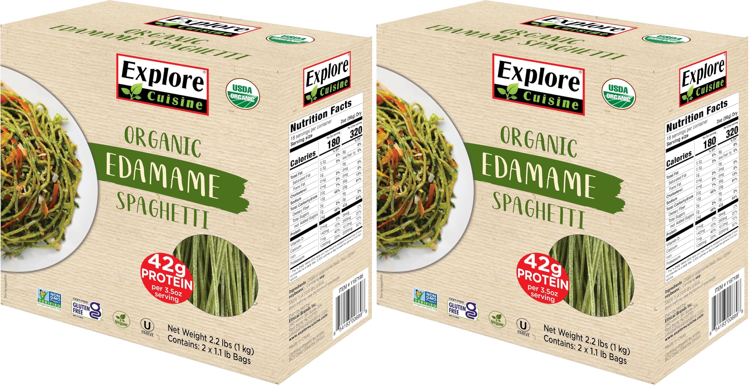 Explore Cuisine Organic Edamame Spaghetti - 2.2 lbs - Low-Carb, Keto-Friendly Pasta - High in Plant-Based Protein - Non-GMO, Gluten Free, Vegan, Kosher (Pack of 2)