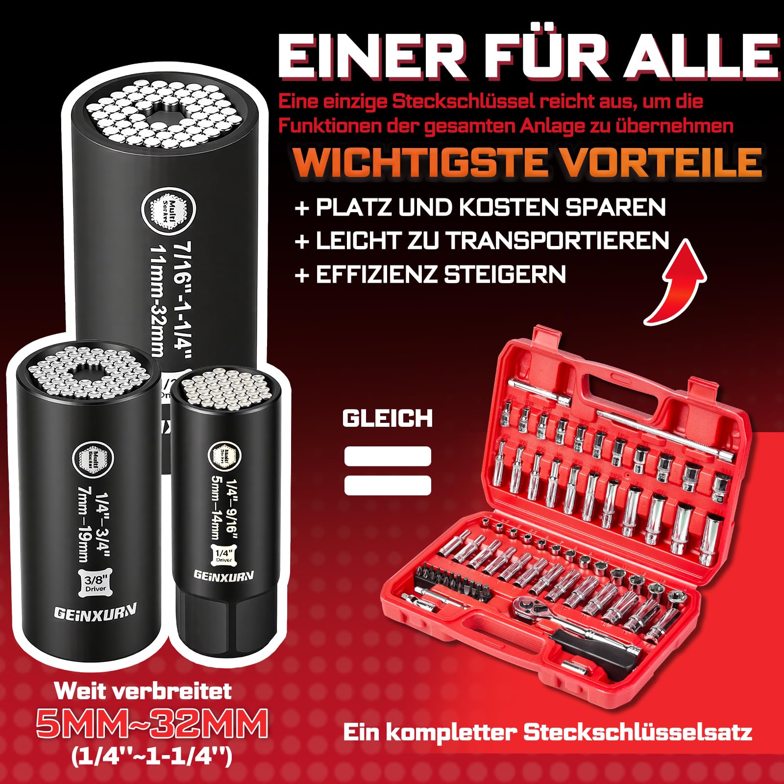 GEINXURN 6-teiliges Universal Steckschlüssel Set, 3 Universal Multi Cr-v Stecknuss (5-14 mm, 7-19 mm, 11-32 mm), 3 Sechskant Adapter (1/4", 3/8", 1/2") für Schrauben, Muttern & Bolzen