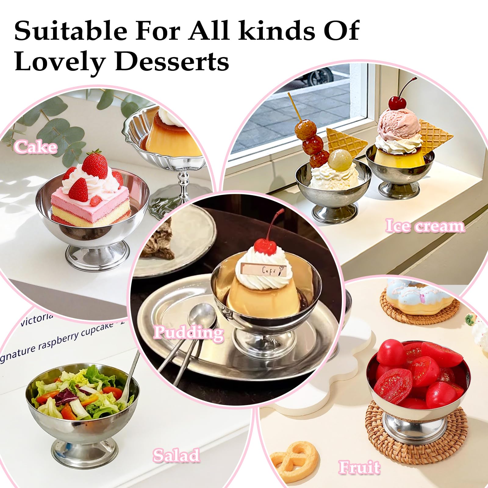 Buachois 8 Juegos Vaso de Helado de Acero Inoxidable Copa de Helado Cuencos Tazas de Postre Yogur con Patas Redondas Plateado Tazas Pudín Reutilizable con Tenedor para Postre Sundae Frutas Pie Postres