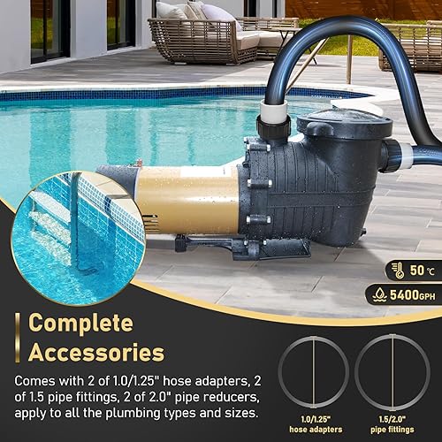 Miniatura 4 de Bomba de piscina de doble voltaje 2.0HP 115230V para piscinas dentrosobre el suelo, motor de piscina autocebante de 6840 GPH con adaptadores de 1.25
