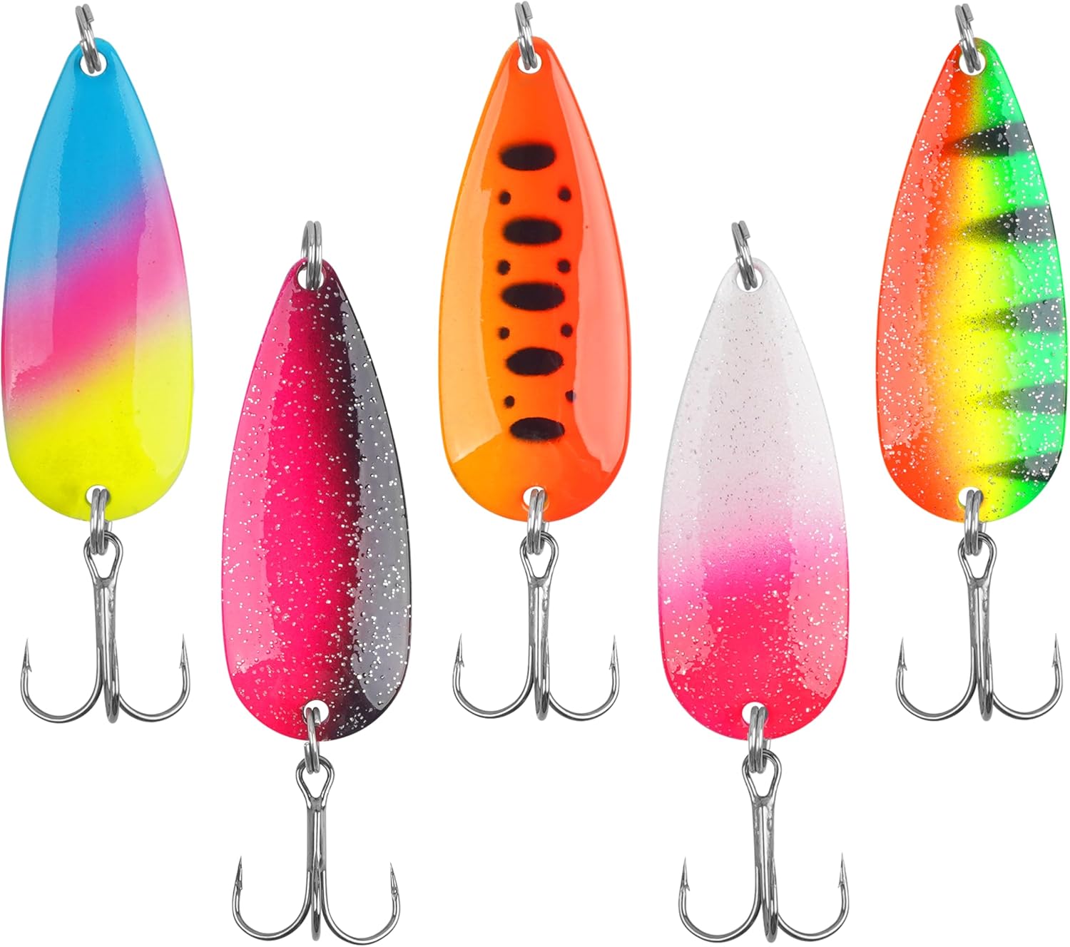 Fishing Spoons Saltwater Fishing Lures, 5pcs Metal Jigging Trolling Spoons Pike Spoons Casting Lures with Treble Hooks for Bass Trout Pike Walleye Crappie Striped Bass Redfish