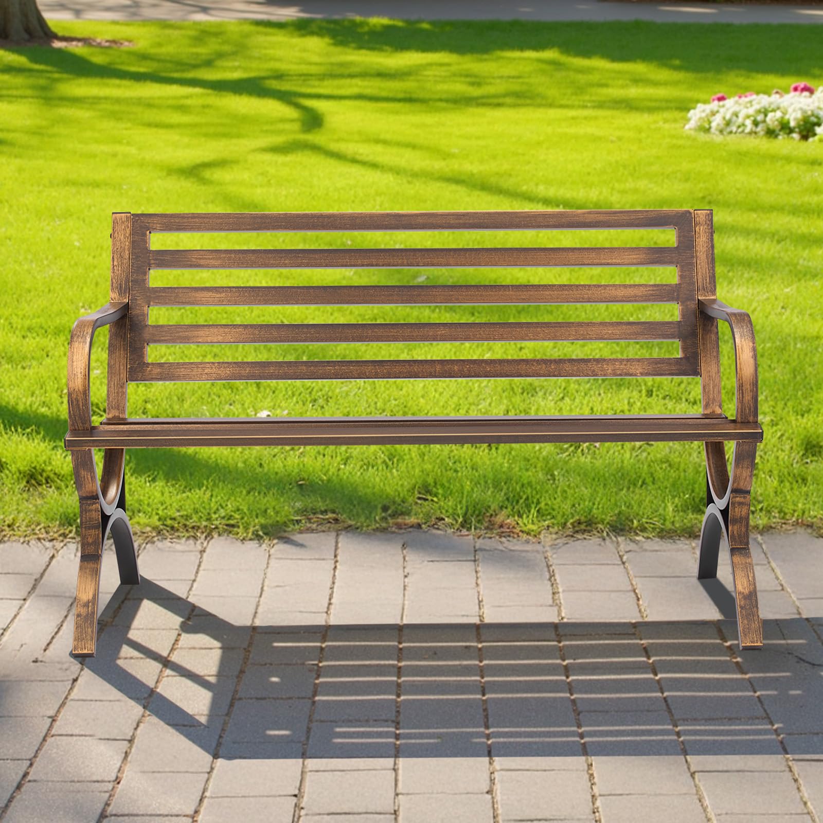 VEVOR Panca da Esterno, 127 cm, Struttura in Acciaio al Carbonio con Schienale a Doghe e Braccioli con Bordo Arrotondato, Panca da Esterno Resistente alle Intemperie per Patio, Giardino, Parco