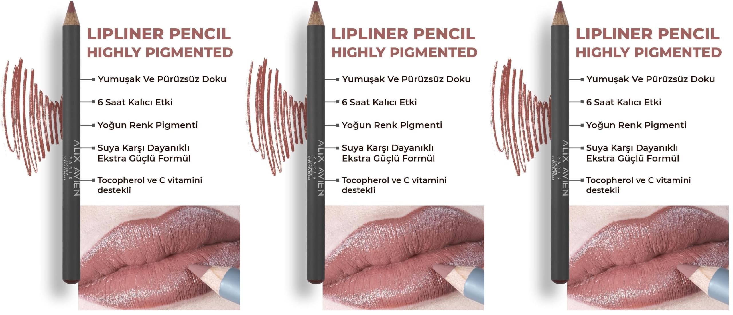 ALIX AVIEN Uzun Süre Kalıcı Dağılma Yapmayan Nemlendirici Dudak Kalemi - Lipliner Pencil 20 Dusty Plum (3 paketi)