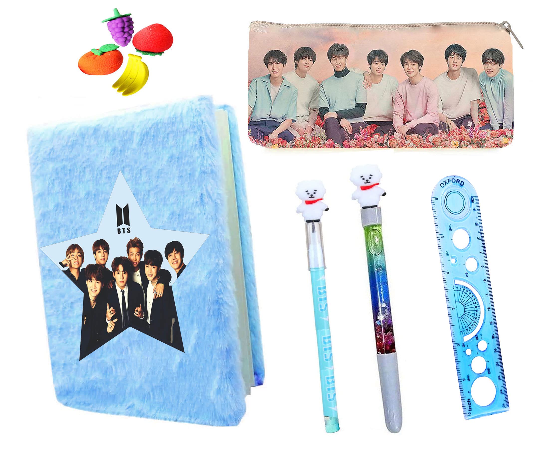 KOBBET® 9Ps BTS Army Team School Stationery Set BTS Army Team Fur Diary Furry Notebook for Girls 1 BT-21 Pen, Pencil, 4 Eraser, 1 BTS Pencil Pouch Pencil Case Travel Pouch for Girls Gift (Style 2) (B0B77ZTNC5) Amazon Price History, Amazon Price Tracker