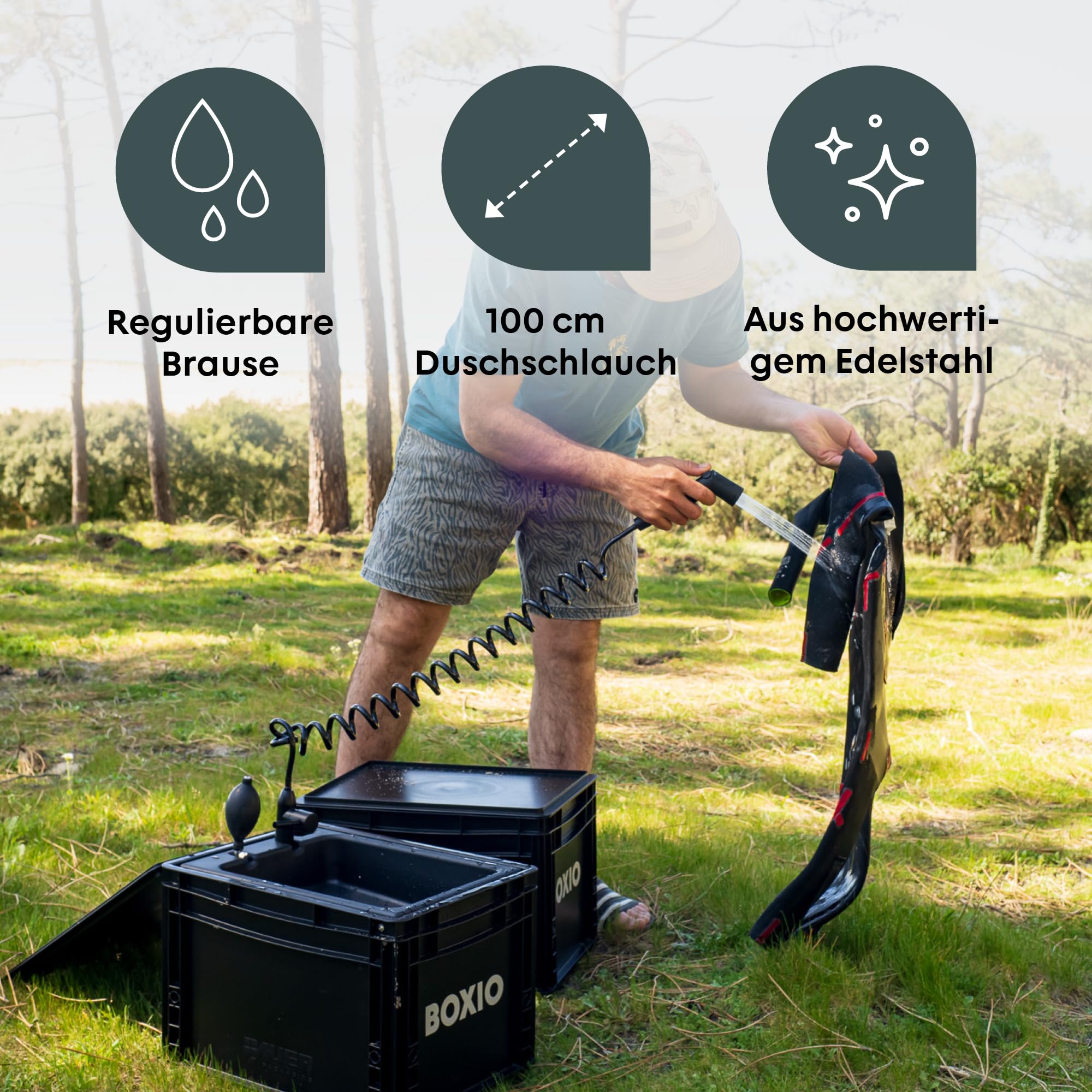 BOXIO - SHOWER : Damit wird deine Wash die tragbare Campingdusche mit Pumpe für Outdoor Enthusiasten ohne Strom - einfach im Zelt oder Wohnmobil zu nutzen. Perfekt für Camping, Festival, und Vanlife