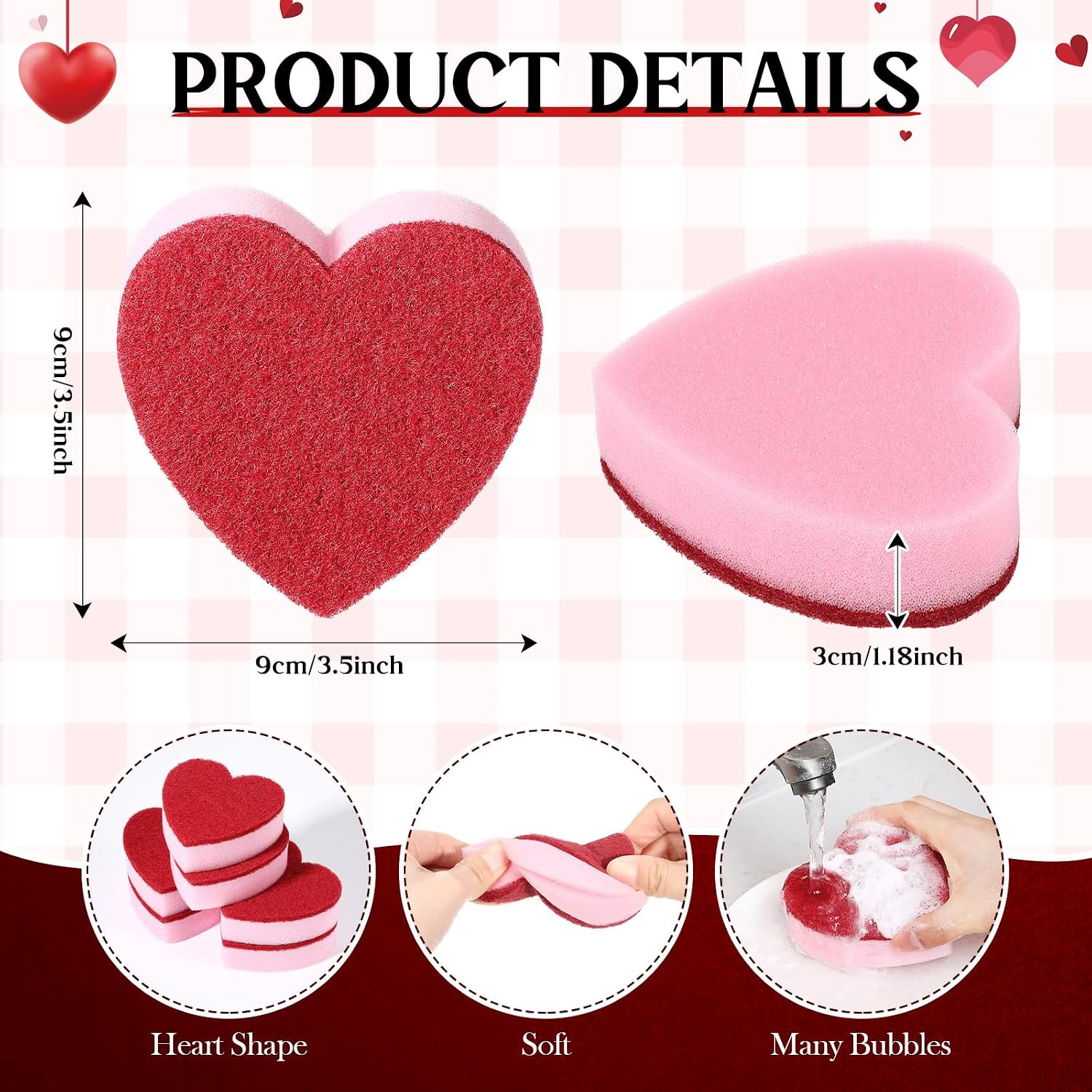 Breling 6 Pcs Heart Shaped Scrub Sponges Valentine Gifts Dual-Sided Kitchen Sponge Heart Kitchen Scrubber for Washing Dishes Pots Pans Household Bathroom Cleaning(Red) image 2