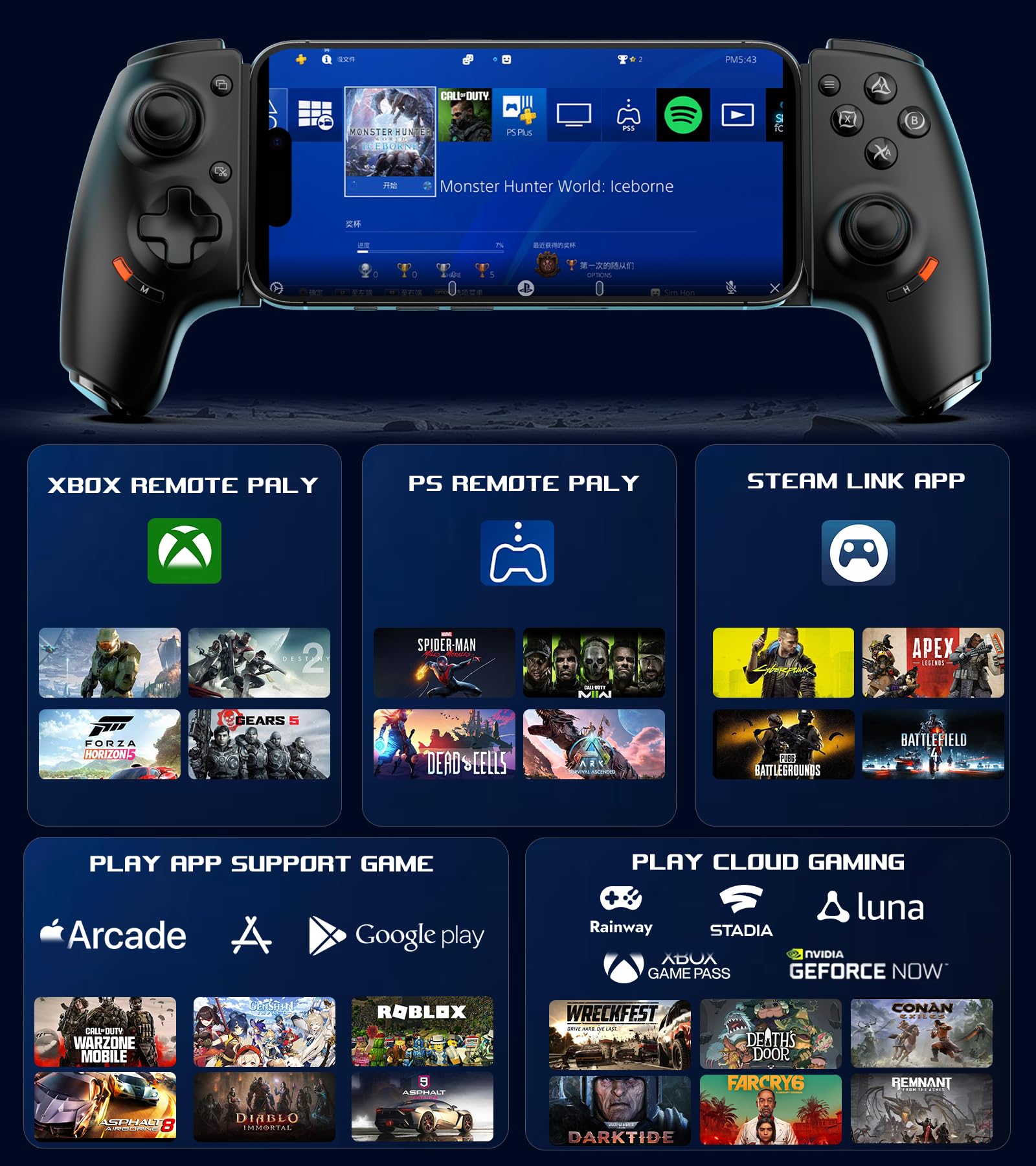 arVin Controller da gioco mobile per iPhone 16/15 Series e Android (USB C) Plug & Play Gamepad con joystick Hall/Trigger/Jack audio da 3,5 mm/mappatura dei tasti APP/Cloud Gaming/Riproduzione