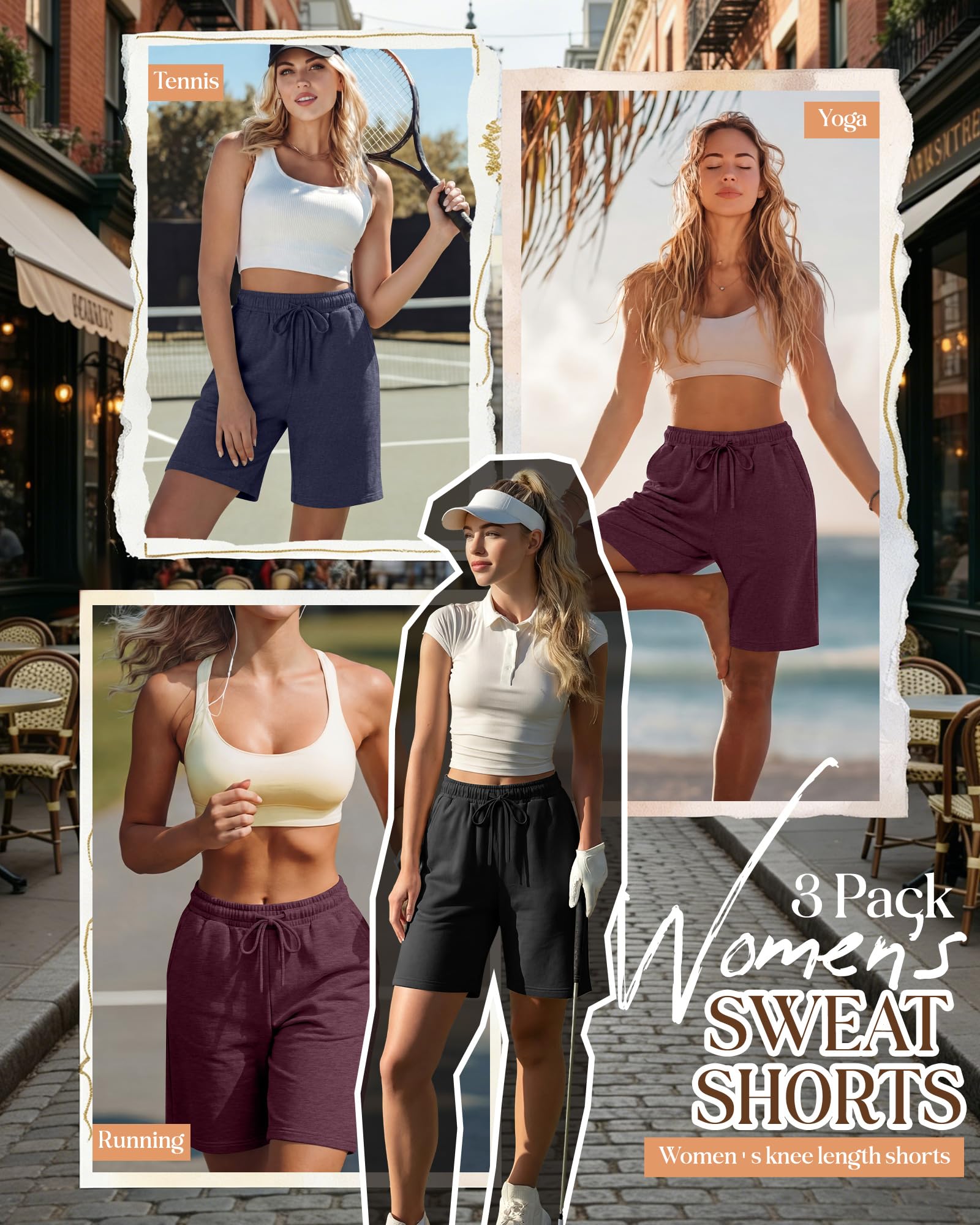 Neer 3er-Pack Damen-Bermuda-Shorts, Jogger, Yoga, Sweatshirt, Walking, kurze Laufhose, knielang, Sport, Kordelzug-Shorts mit Taschen