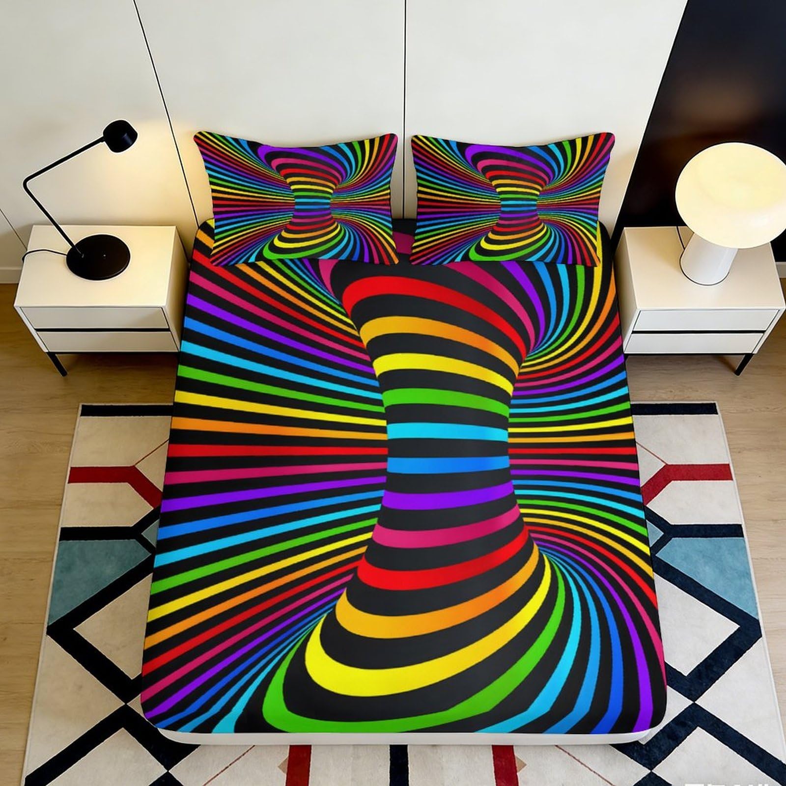 3D Printed Colorful Abstract Spiral Fitted Sheet Microfiber Soft Breathable Optical Illusion Mattress Cover for Bedroom Dormitory Guest Room Decor 140x200x25cm