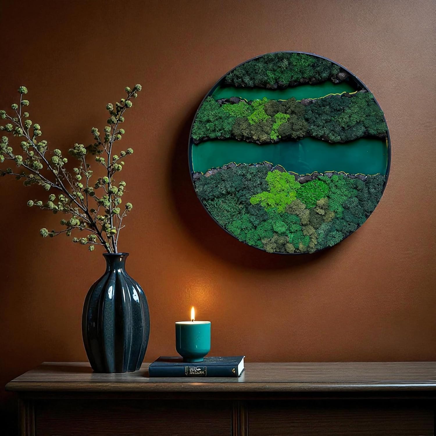 Serenzy 16" Round Moss Wall Art with Teal Epoxy River and Volcanic Rock | 3D Preserved Biophilic Decor | Zero Maintenance Office & Home Accent | Unique Housewarming Gift