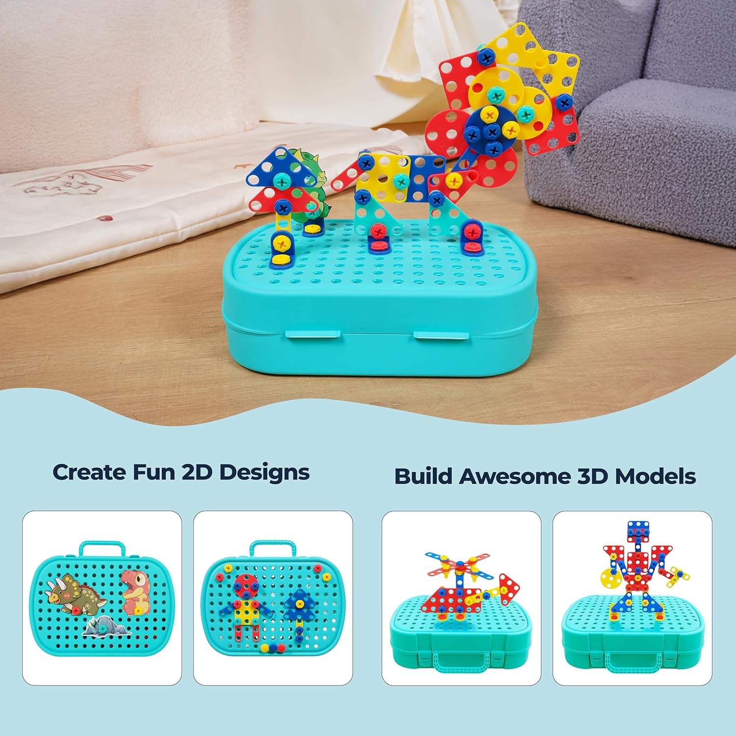 Toddler Drill and Screw Tool Set with Electric Toy Drill, 224-Piece Pegboard Toolbox Case for Mosaic & 3D Builds, Dinosaur Stickers, STEM Montessori Screen-Free Fine Motor Gift Toy for Kids Ages 3-8