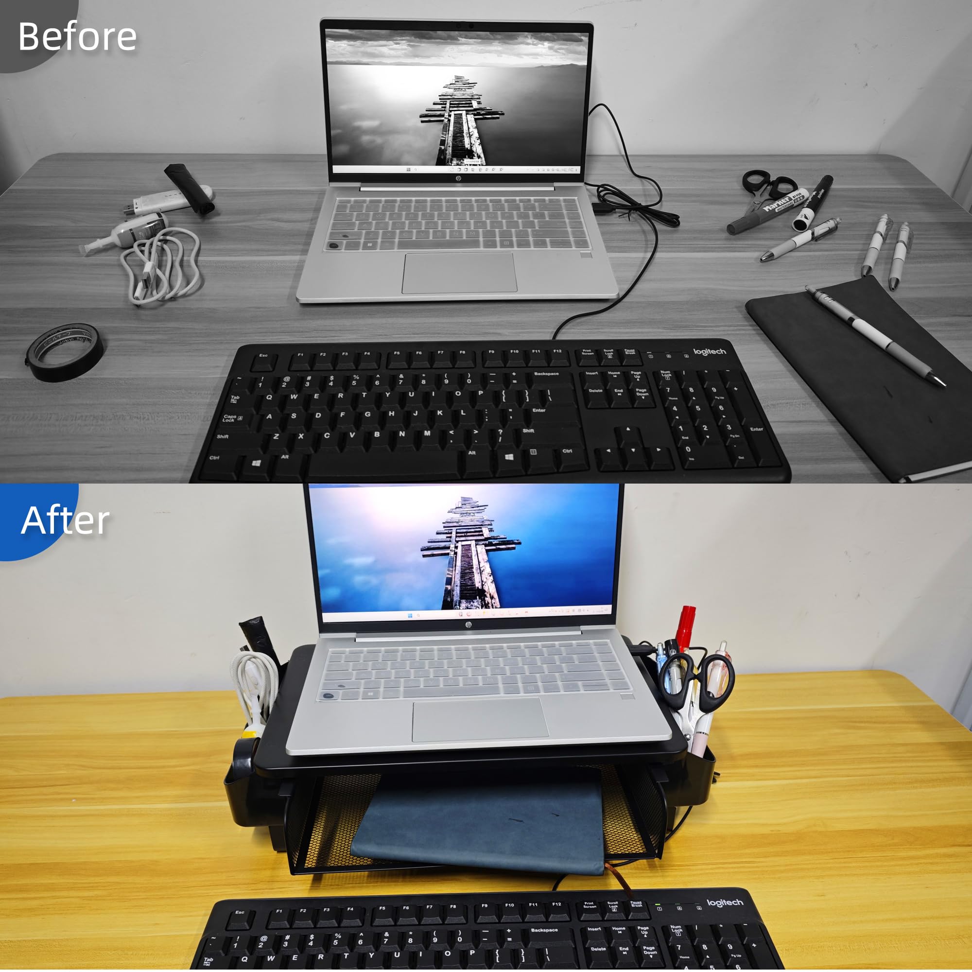 Soporte elevador para monitor, soporte de metal para portátil con almacenamiento, soporte de impresora con cajón ventilado y almacenamiento lateral, organizador de escritorio para monitor, 6