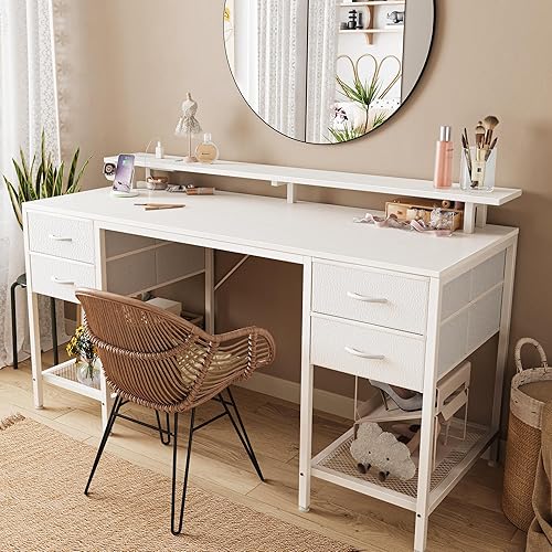 Miniatura 8 de Huuger Escritorio para computadora de 55 pulgadas con 4 cajones, escritorio para juegos con luces LED y tomas de corriente, escritorio de oficina en