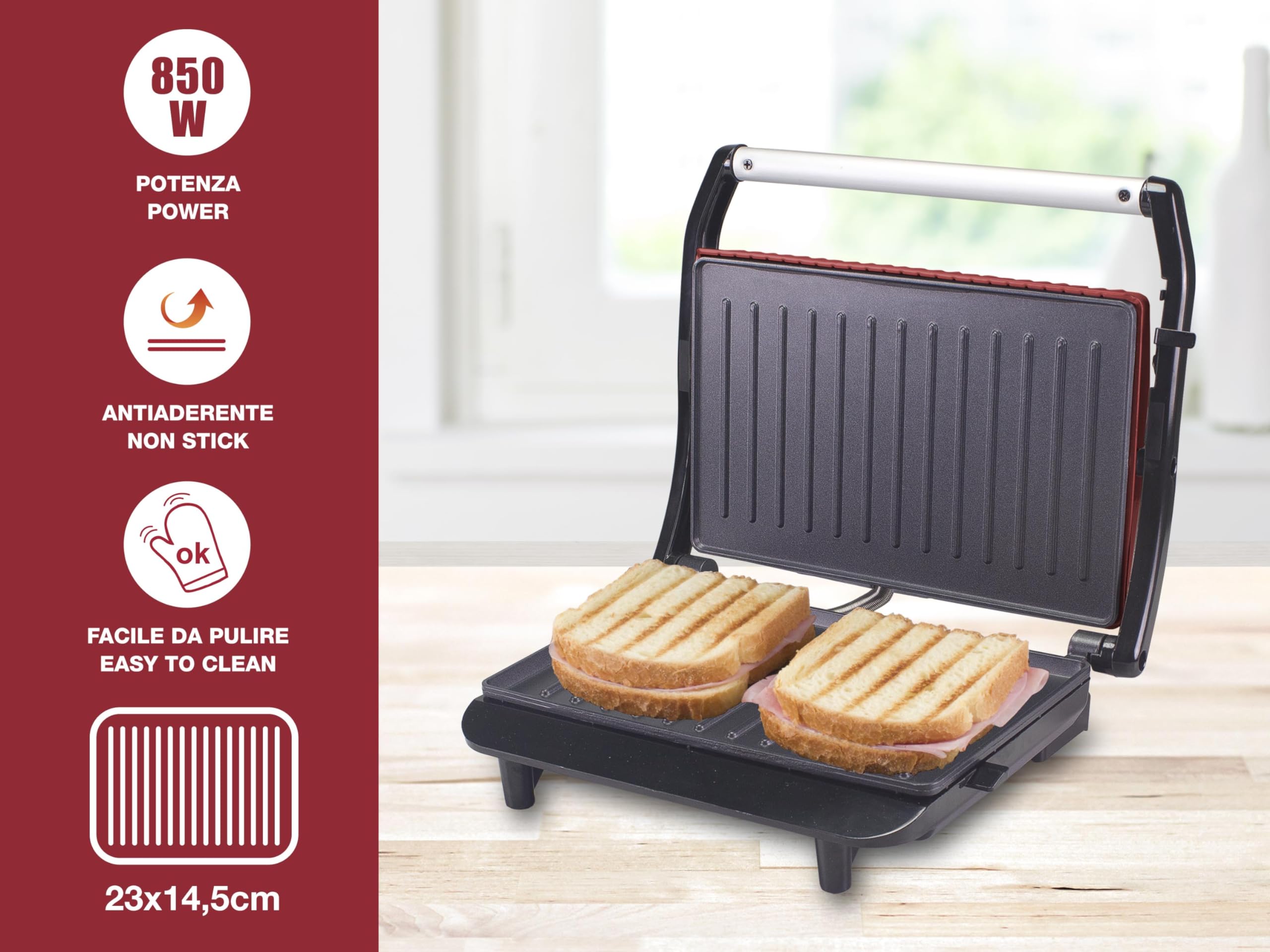 BEPER P101TOS002 Toasteur Machine à Sandwich, 850W, Plaque antiadhésive, Poignée thermo-isolante, Rouge