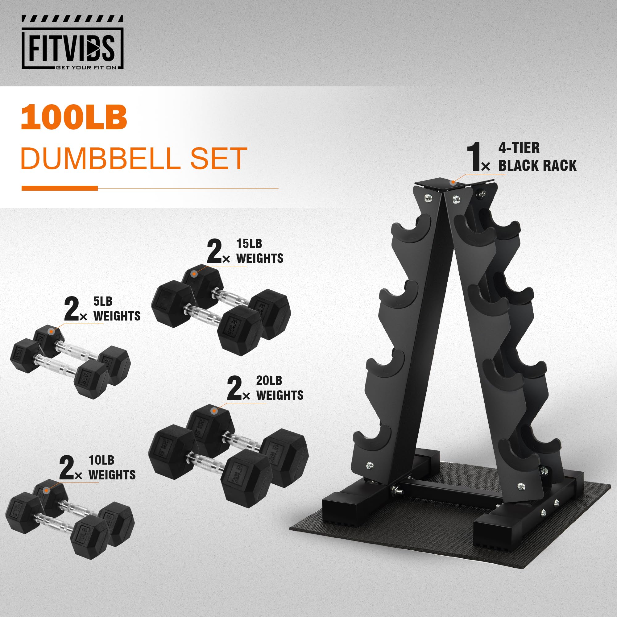 Rubber Coated Hex Dumbbell Weight Sets and Storage Rack, 100LB Set or 150LB Set, 5-20 lbs Pairs or 5-25 lbs Pairs