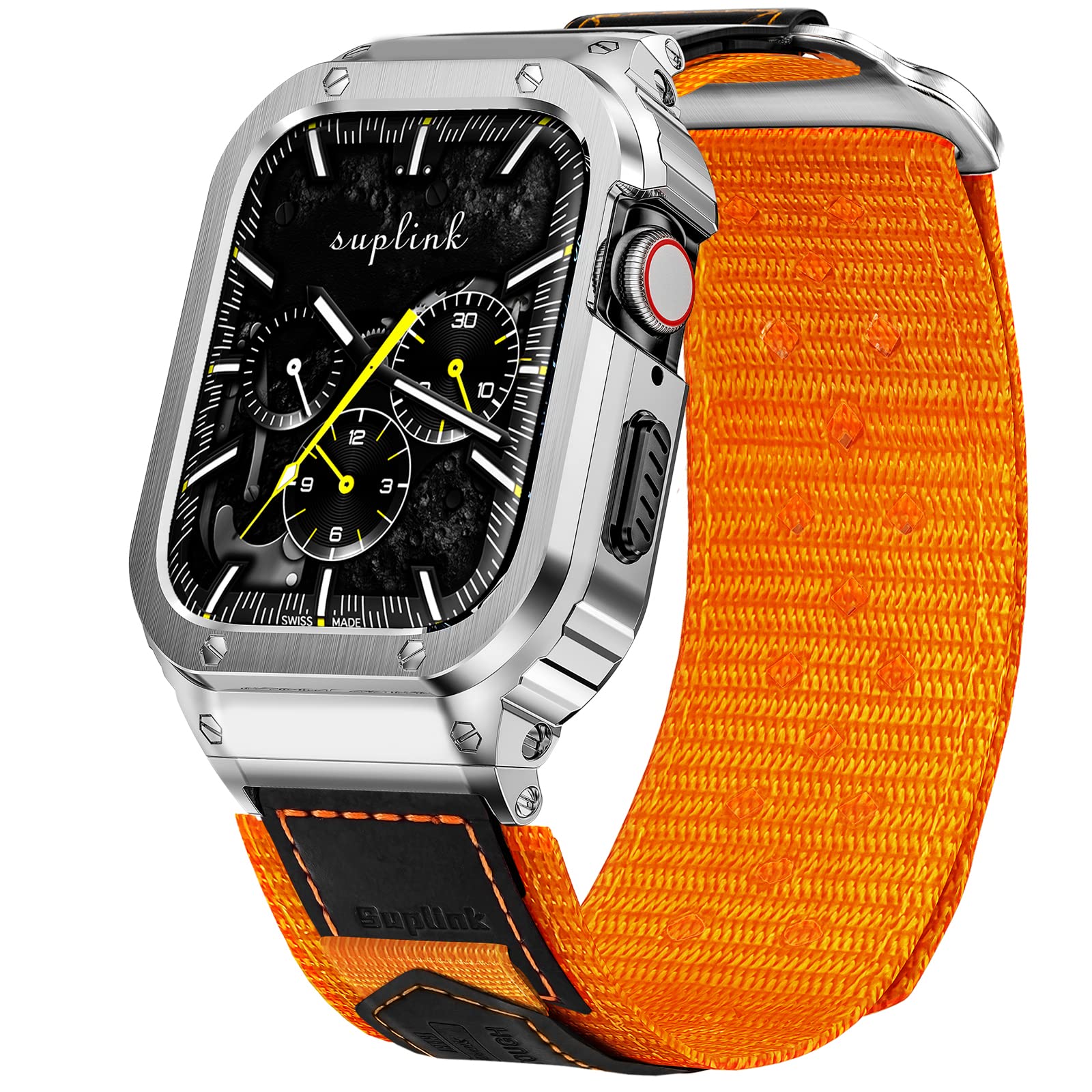 SUPLINK Stainless Steel Case&Nylon Band Compatible with Apple Watch Band 38mm 40mm 41mm 42mm 44mm 45mm 46mm 49mm,Rugged Metal Cover Adjustable Strap for iWatch Series 10 9 8 7 6 5 4 3 2 1 SE Ultra Men