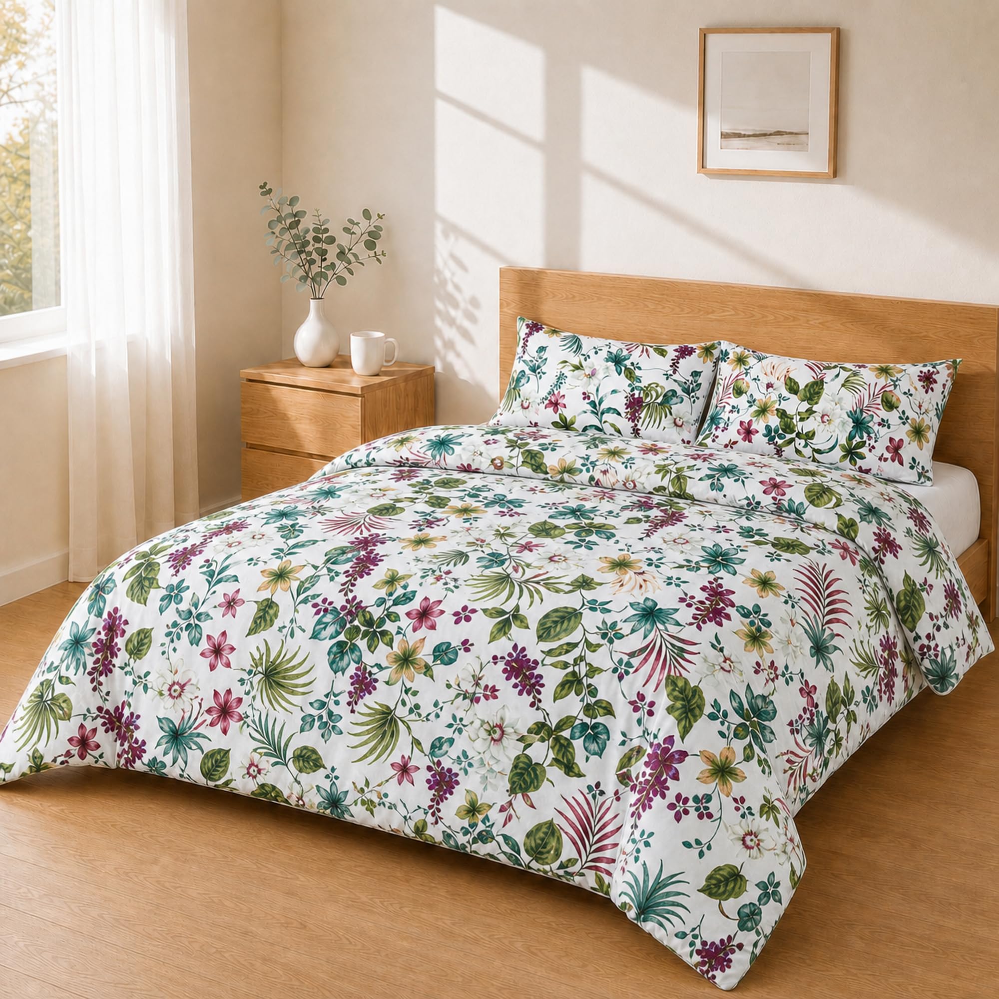 Homebliss Bed Linen Set 260 x 240 cm + 50 x 80 cm, 2 Pieces, Tropical Flowers Colourful