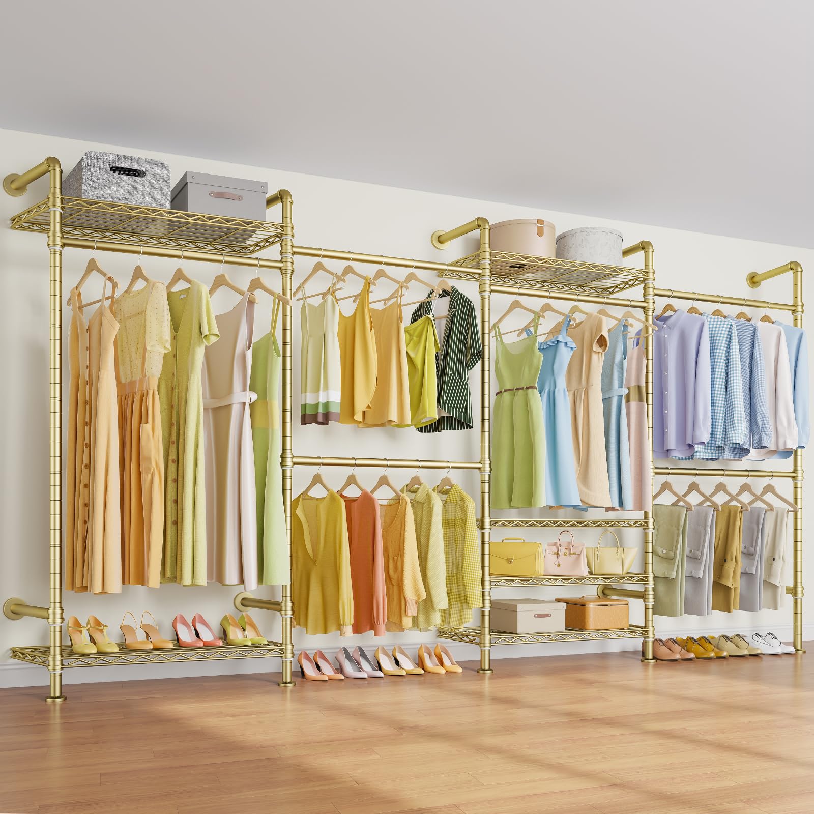 Timate F4 Wall Mounted Clothes Rack Industrial Pipe Clothing Rack for Hanging Clothes, Expandable Garment Rack Heavy Duty Wardrobe Closet Organizer and Storage, Adjustable Industrial Closet Kit, Gold