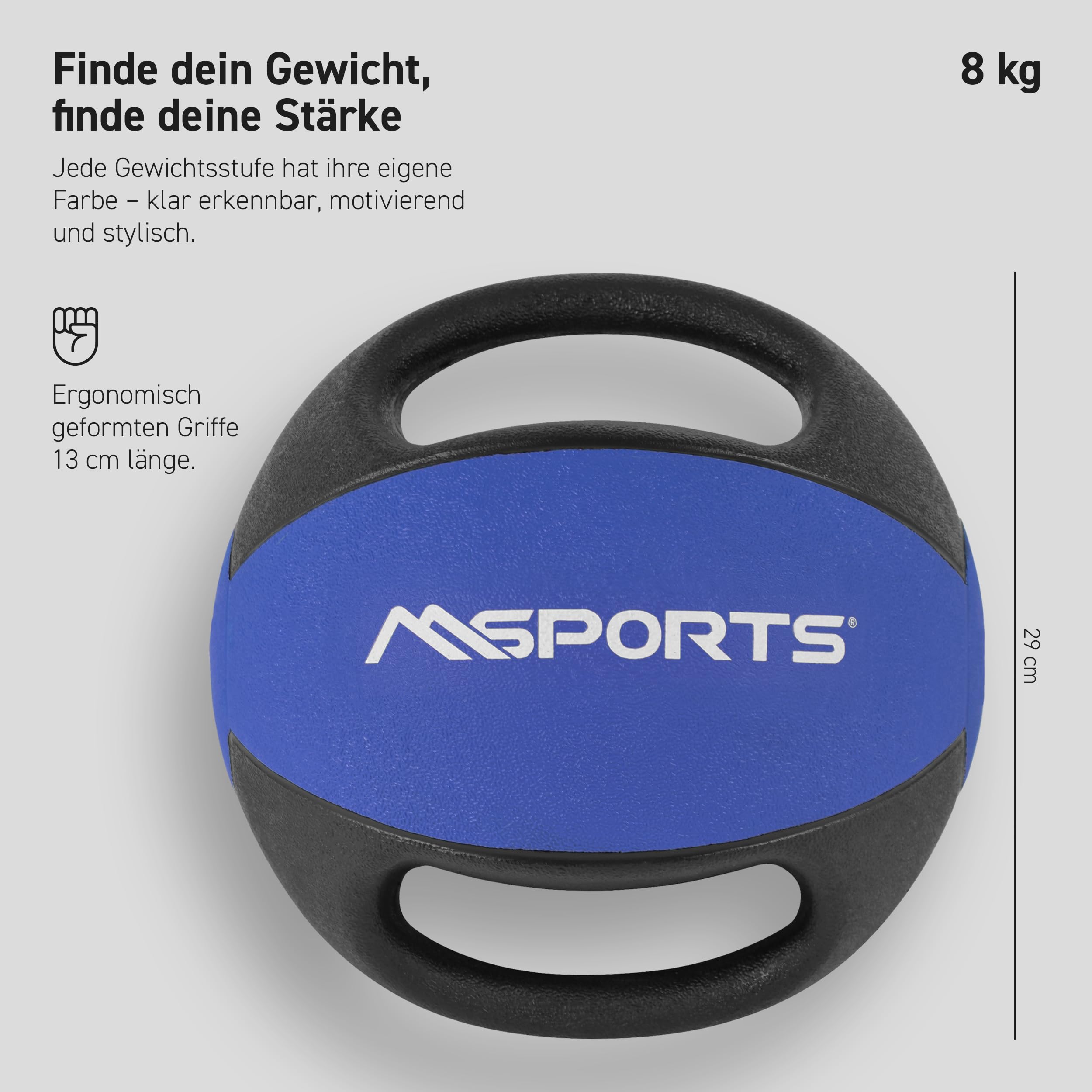 MSPORTS Piłka lekarska premium z uchwytami 1 – 10 kg – profesjonalna jakość do studia fitness piłki (8 kg – błękit królewski)