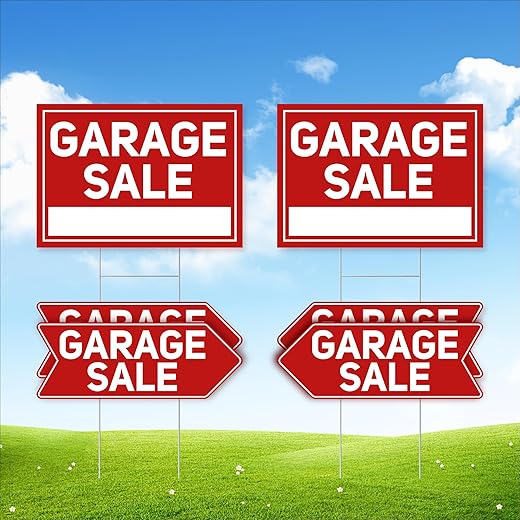 6 placas de venda de garagem com estacas, 2 placas grandes de venda de garagem de 43 x 30 cm e 4 placas de seta de 43 x 15 cm, com estacas de metal e design à prova d'água dupla face para suprimentos
