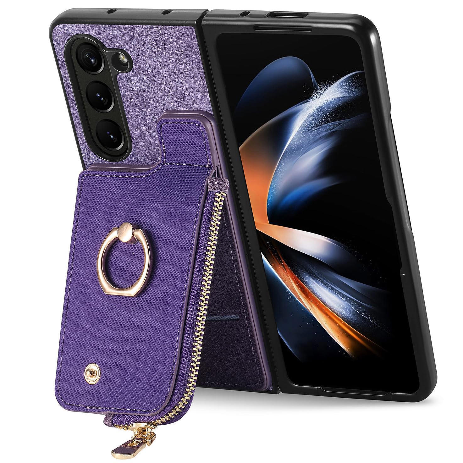 Etui z podpórką do Samsung Galaxy Z Fold 5, kieszeń na karty, wysokiej jakości skóra PU, etui portfelowe na zamek błyskawiczny ze stojakiem na pierścień 360°, fioletowe