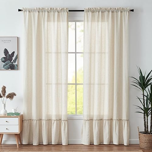 JINCHAN Linen Curtains Farmhouse Curtains for Living Room Beige Ruffle Bottom Textured Drapes Rod Pocket Cottage Style Light Filtering Window Treatment Set for Bedroom 2 Panels 96 inches Long Crude