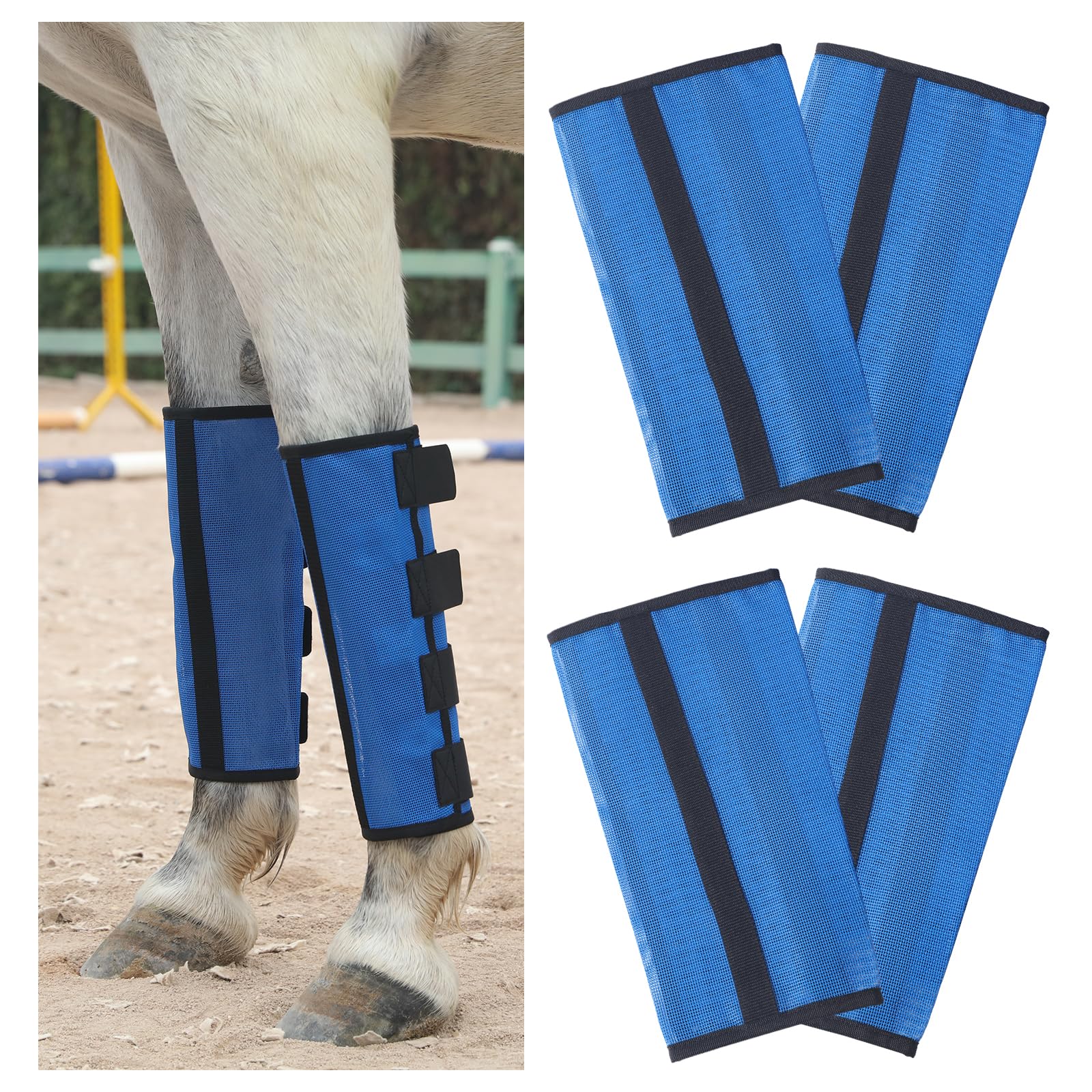 Gallopoff Horse Fly Boots Set of 4 - Non-Slip Leg Guards Extra Tough Mesh Ventilated, Adjustable Horse Fly Leggings Reduce Stomping & Hoof Stress & Leg Fatigue RoyalBlue Large