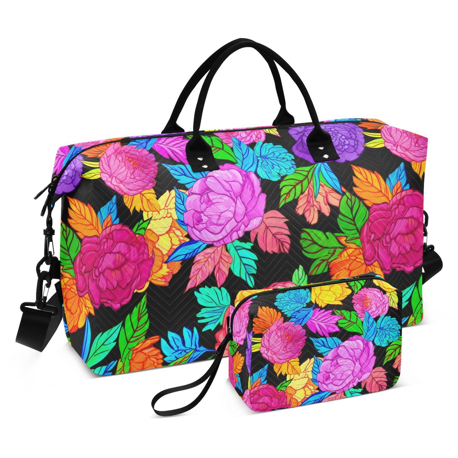 Colorful Floral Peony Foliage Travel Duffel Bag for Men Women with Makeup Bag Weekend Overnight Carry On Bags for Travel Weekend Getaway