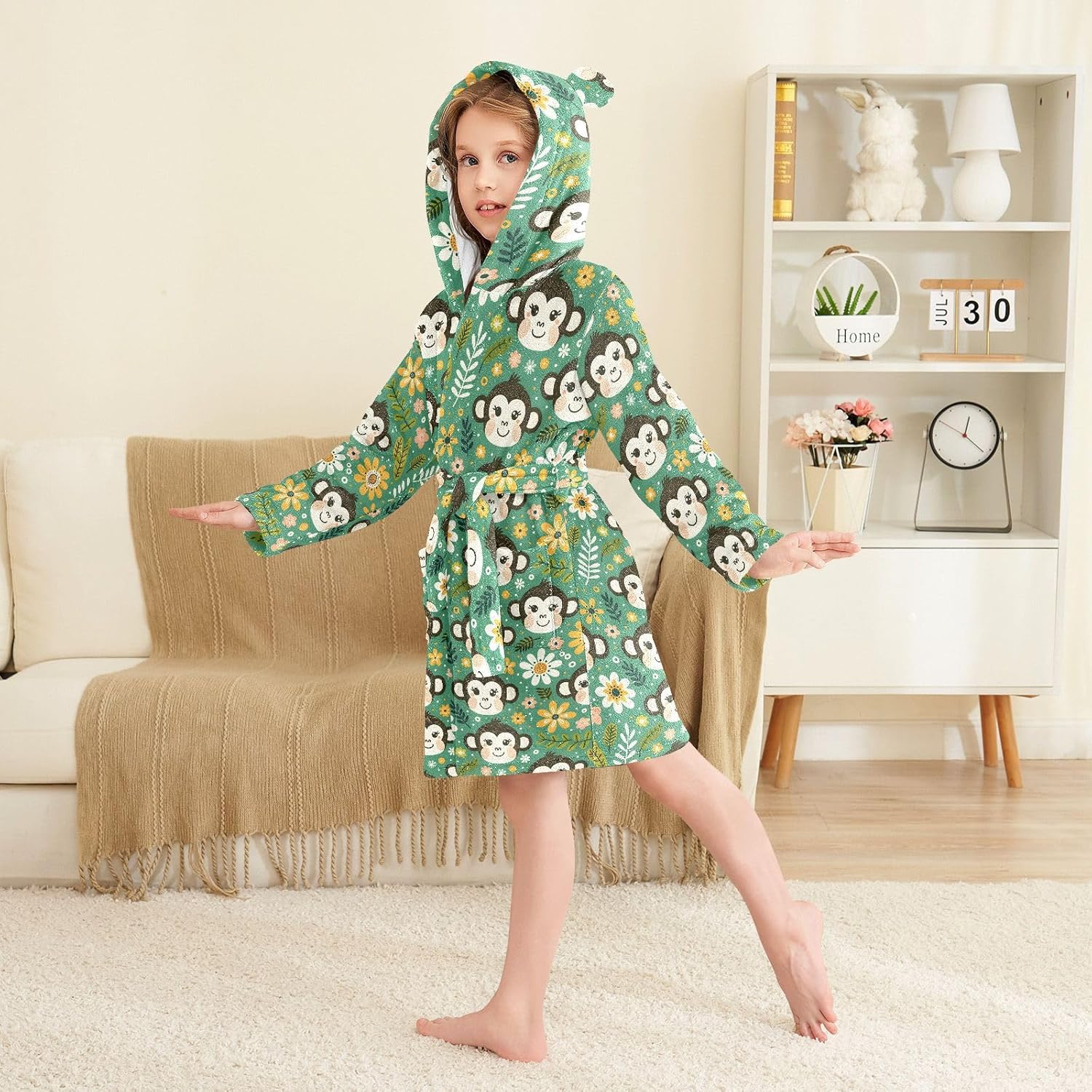 senya Monkey Faces Toddler Hooded Bathrobe Kids Soft Plush Bath Towel Robes for Boys Girls 2-12 Years