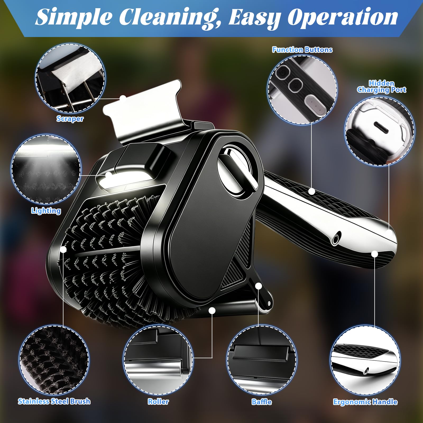 Brosse Électrique pour Barbecue, Brosse Nettoyante Électrique Barbecue sans Fil avec Tête et Grattoir en Acier Inoxydable, 450 TR/Min, 150 Min Autonomie, Gants et Flacon Pulvérisateur Inclus