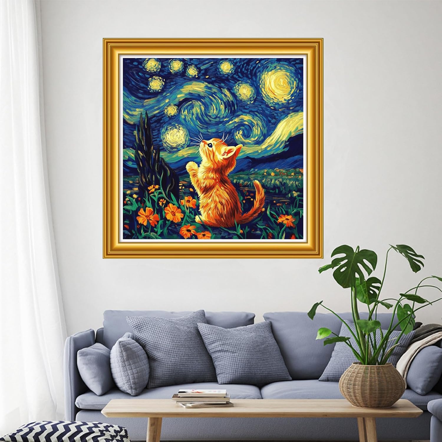 Funchey Stamped Cross Stitch Kits, DIY Cross Stitch Pattern for Adults Beginners Needlepoint Kits Embroidery Kit Arts and Crafts 11CT& Van Gogh Starry Sky Cat Prayer 18x18 inch