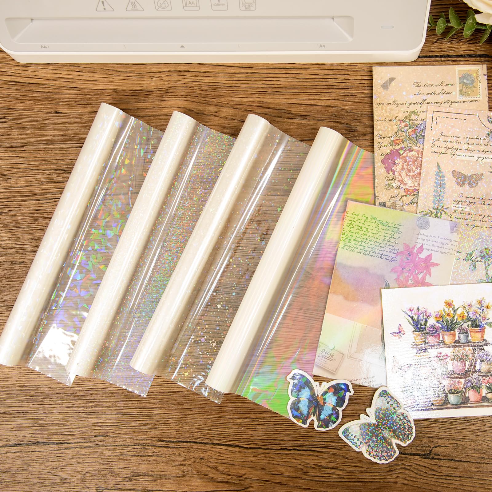 Briartw Holographic Laminating Film Roll (4 Patterns:Glitter,Stars,Dots,Plain), 22x500cm, 26 Micron BOPP Precoated Thermal Film, Waterproof Scratch-Resistant for DIY Crafts, Scrapbooking, Cards