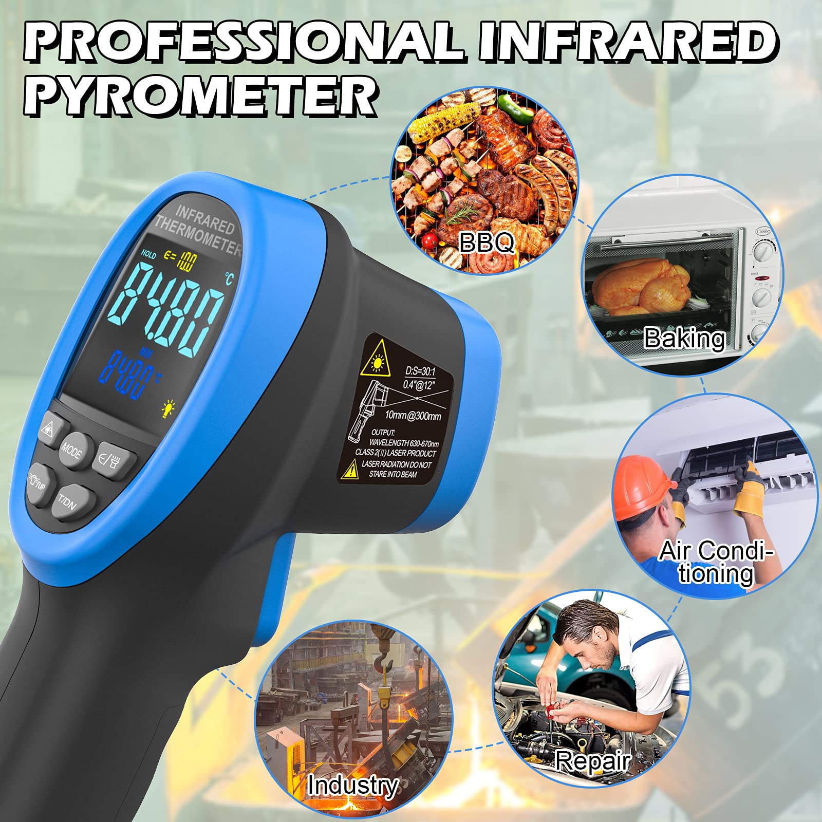 BTMETER BT-1500C Pyrometer, berührungsloses Laser-Infrarot-Thermometer, misst -50 °C bis 1500 °C, IR-Temperaturmesser mit farbigem LCD-Display (nicht für menschliche Temperatur)
