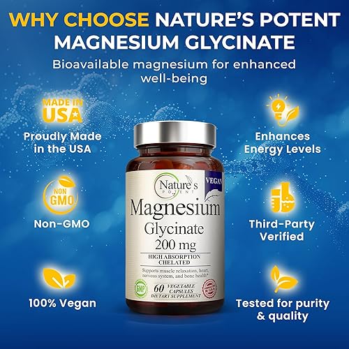 Miniatura 4 de Nature's Potent Glicinato de magnesio 200 mg  Magnesio quelado de alta absorción  Apoyo para dormir, calma y calambres musculares  Suplemento vegano