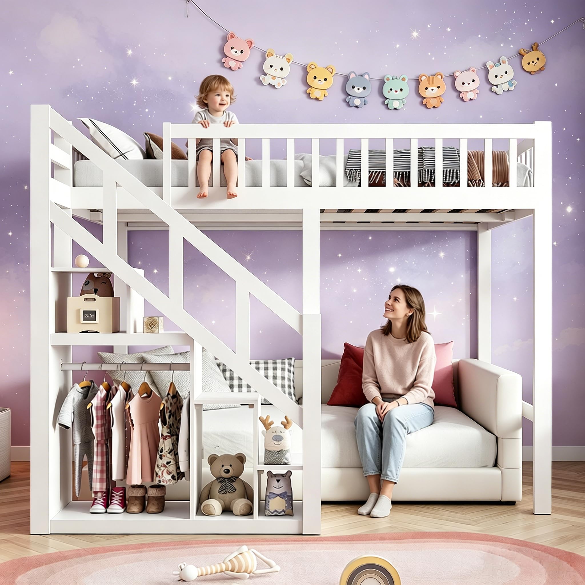 Letto a Soppalco 90x200 per Bambini con Scala Contenitore e Armadio, Letto a Castello in Legno Massello con Protezione Anticaduta, Letto Rialzato Salvaspazio per Cameretta, Bianco