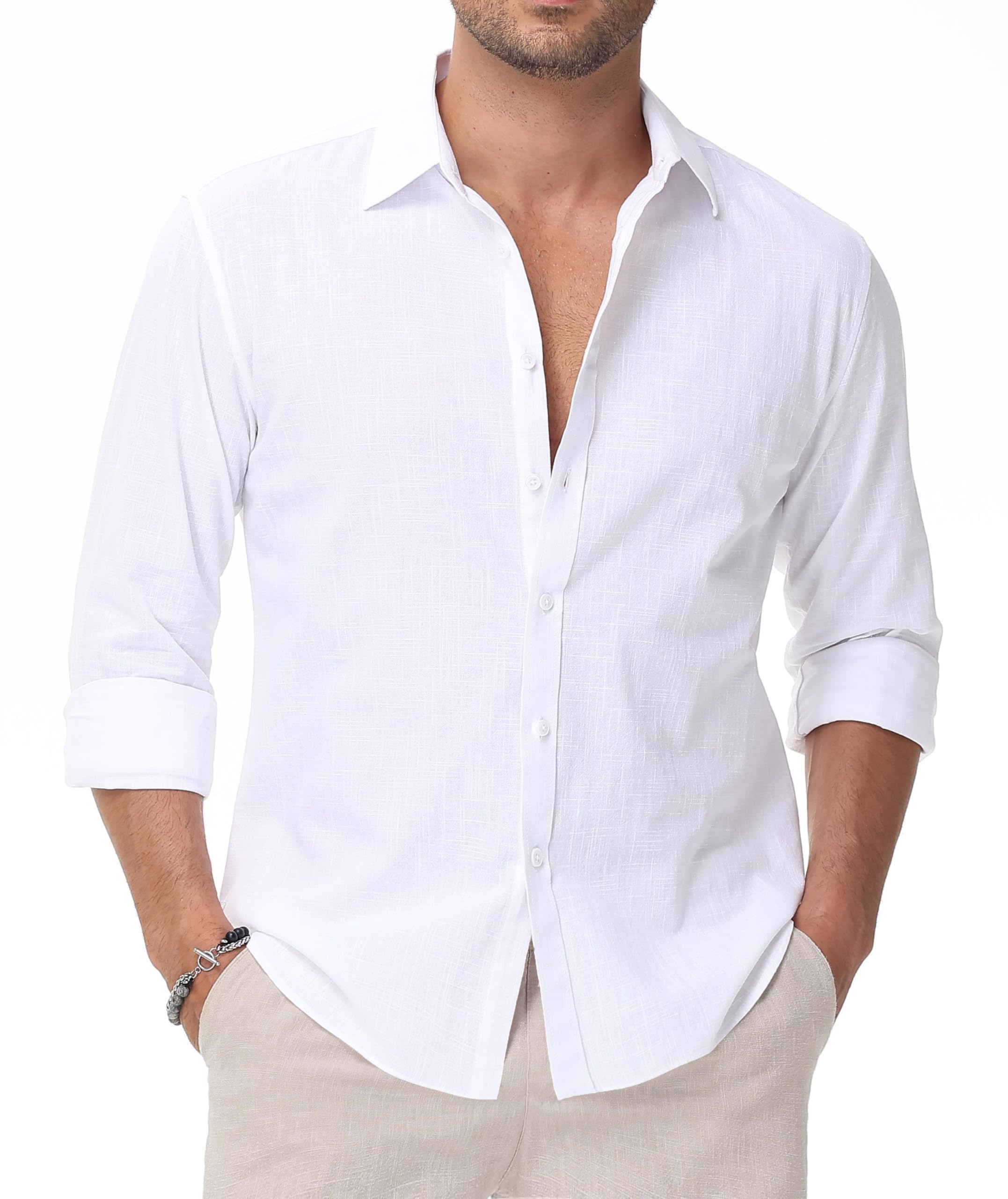 EOUOSS Linen Shirts for Men Casual Button Down Long Sleeve Shirt Solid Summer Beach Hawaiian Shirts