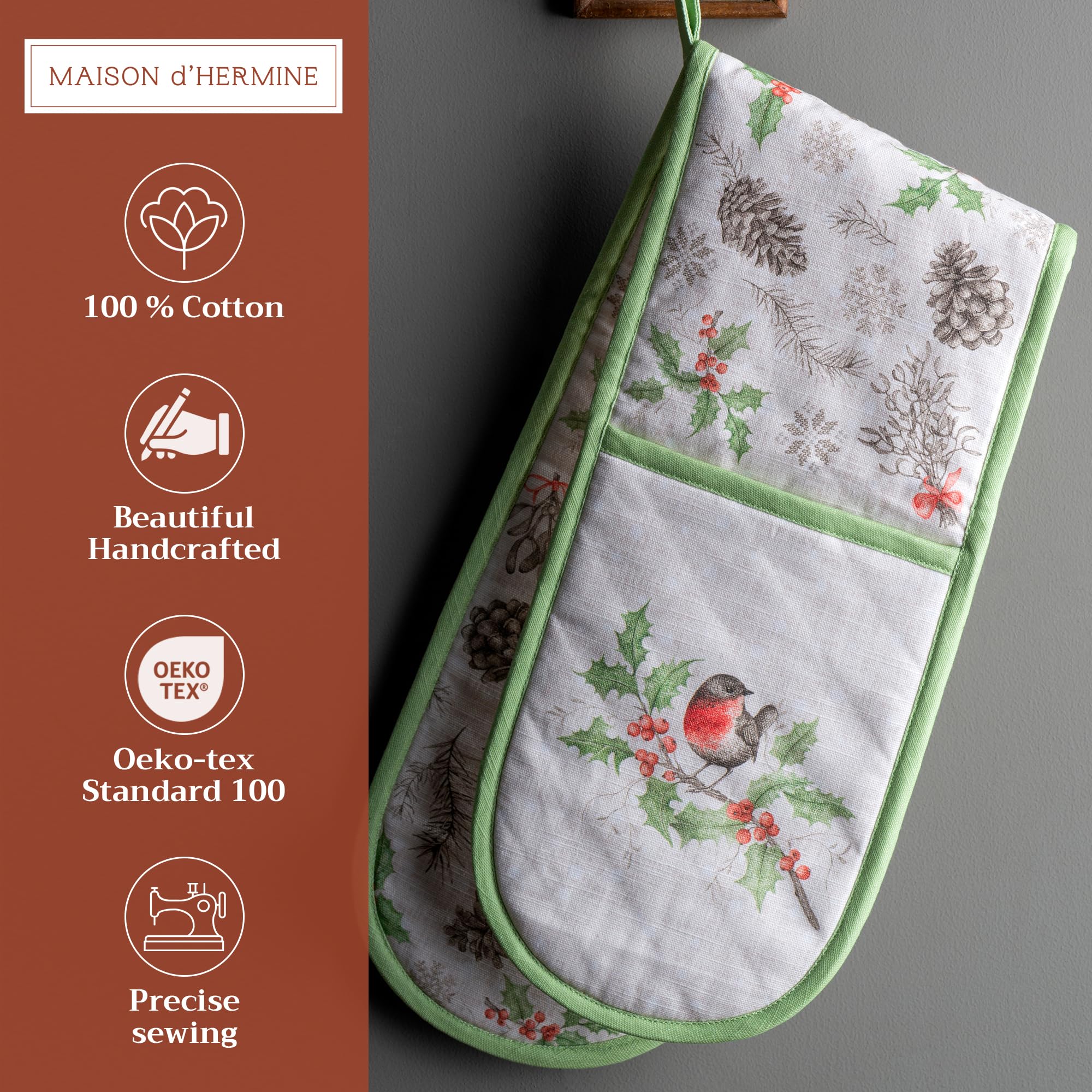 Maison d' Hermine Dew - Guante doble para horno, tela exterior 100% algodón y relleno interior 100% poliéster, para cocinar, hornear, microondas, manejo de utensilios de cocina calientes (18 cm x 89
